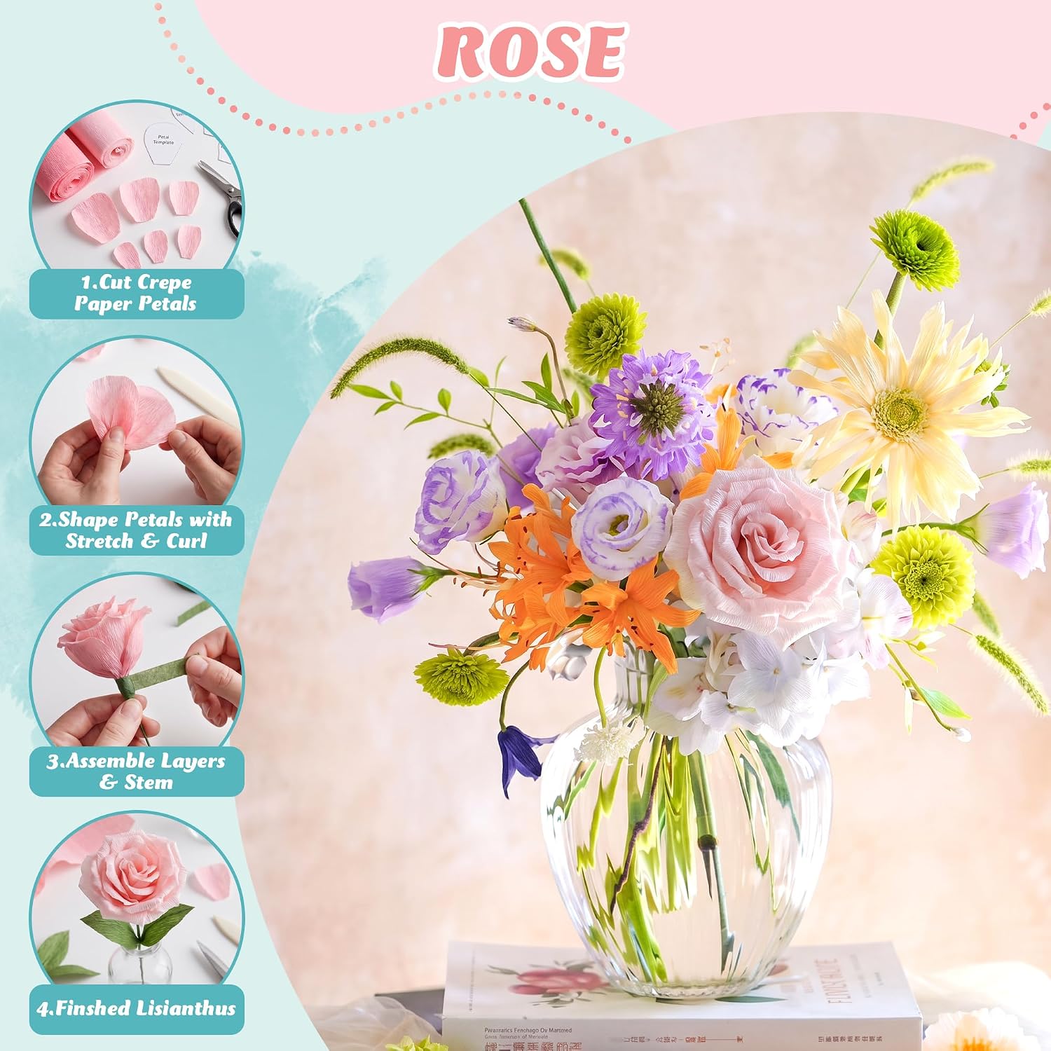 Crepe Paper for Flower Making Kit, 24 Premium Crepe Paper Rolls with Scissors Floral Wire Double-Sided Tape and Floral Tape for Wedding Birthday Holiday Decoration and Handmade Crafts