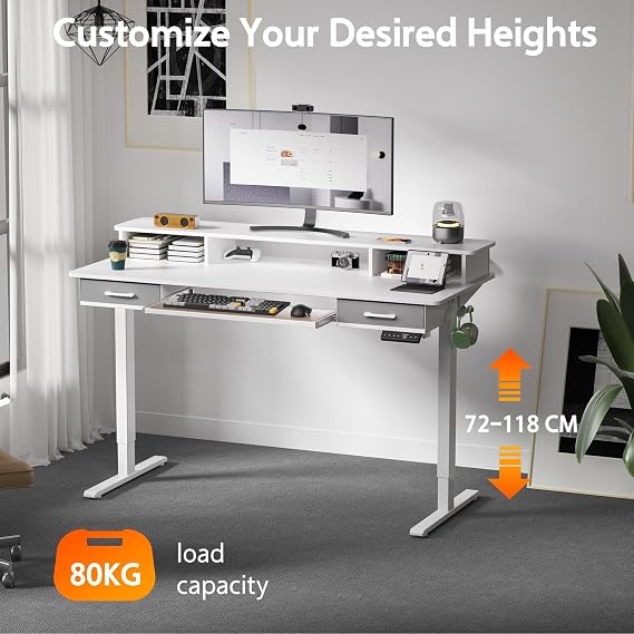 WALKINGDESK Electric Standing Desk with Keyboard Tray, 140 x 60 cm Height Adjustable Desk with 2 Drawers, Computer Desk with Storage Monitor Stand, Ergonomic Sit Stand Desk, White