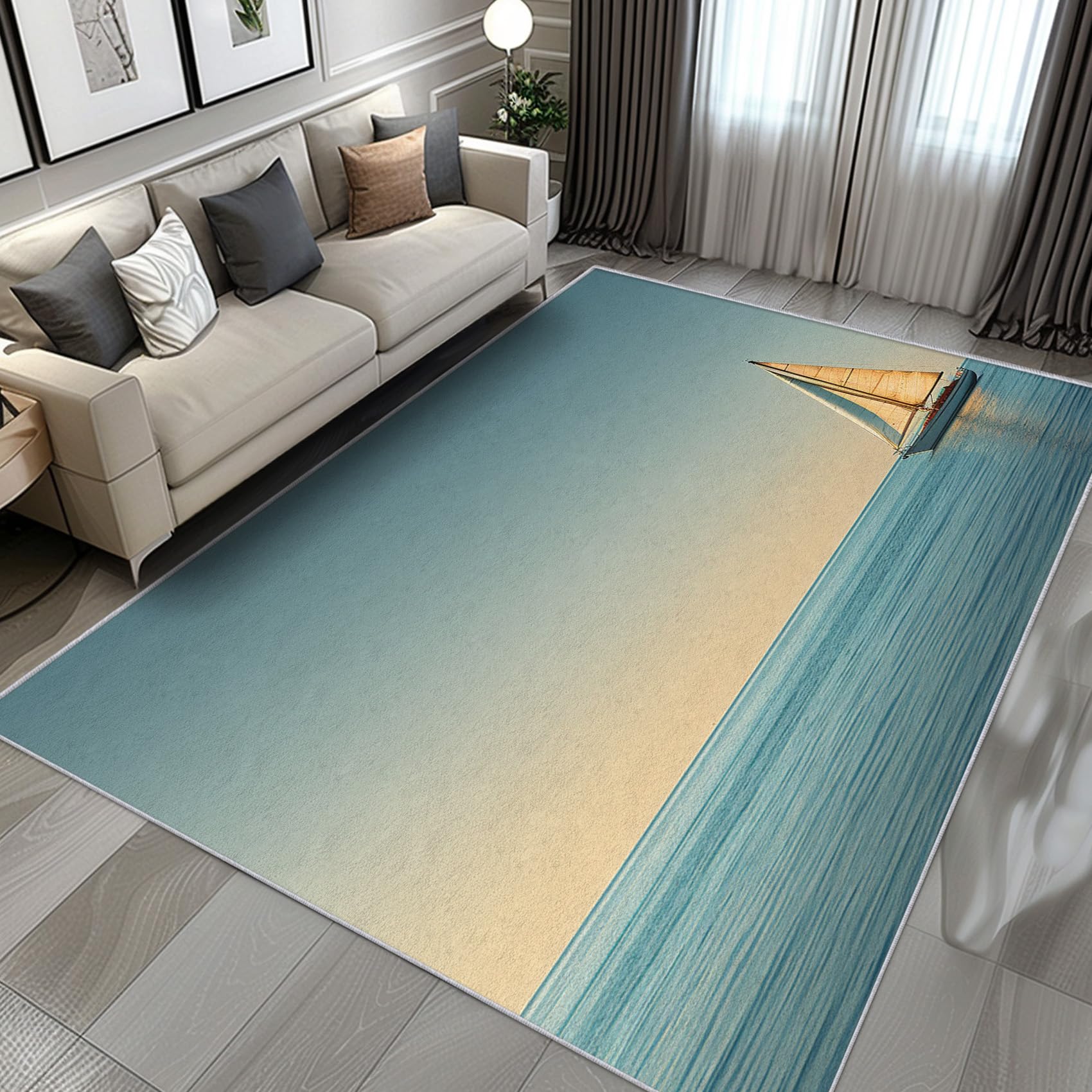 Tapis salon voilier coucher de soleil à poils courts anti-glisse