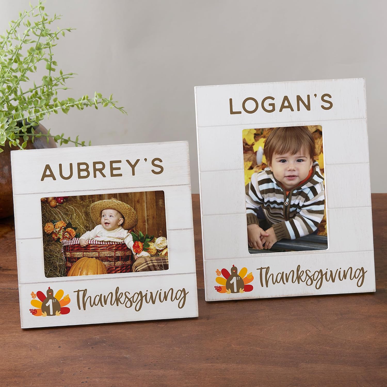Personalization Universe Baby's First Thanksgiving Picture Frame - Personalized 4x6 Photo Frame - Distressed White Washed Wood Shiplap Design - Ideal Gift for New Parents - 8x8 Frame Size