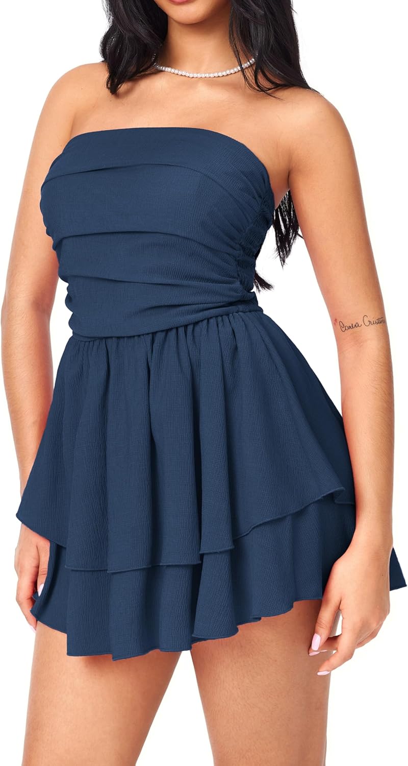 CIDER Women's Summer Cocktail Dress - Tube Ruched Ruffle Mini Dress - Image 3