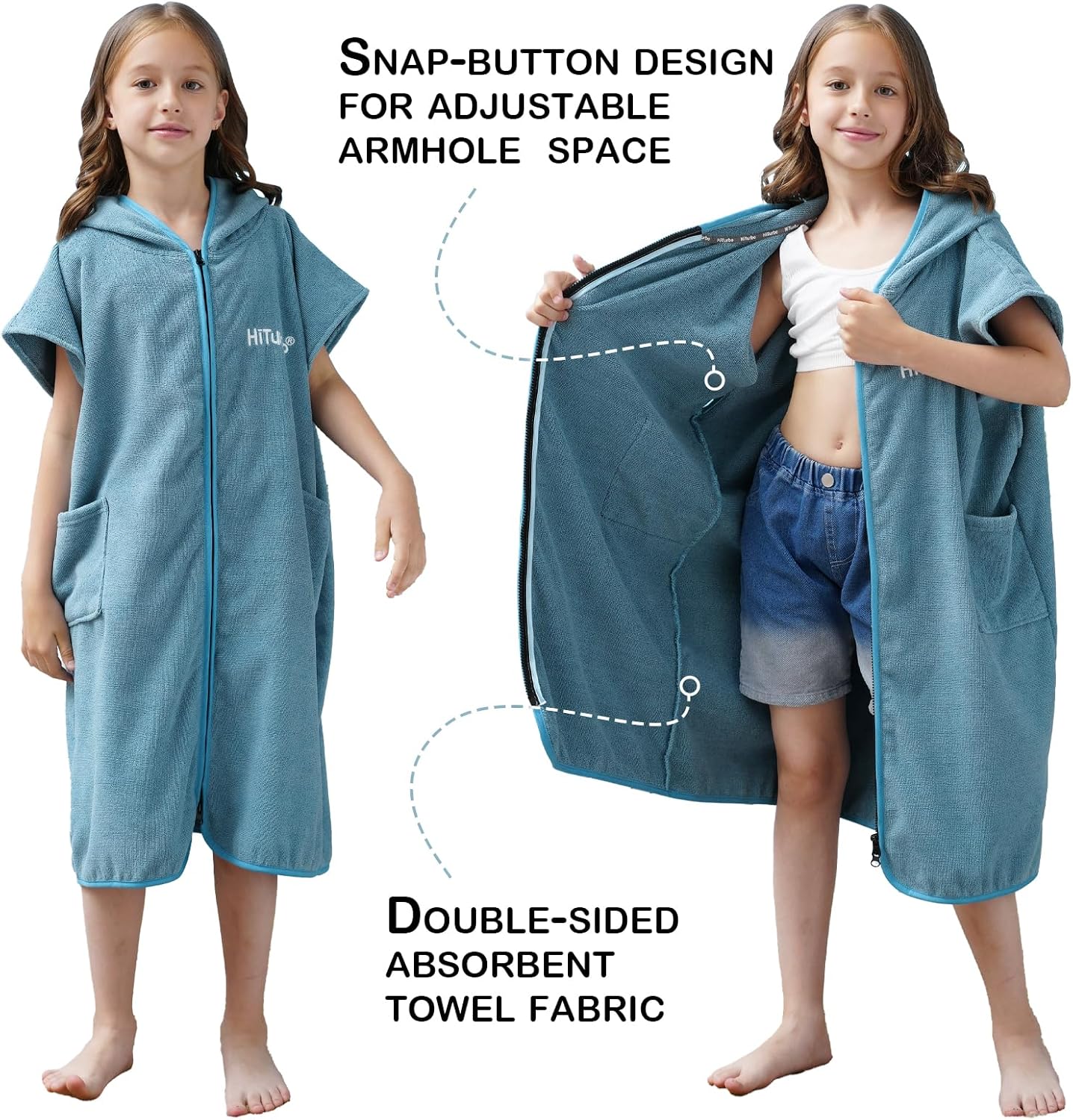 Hiturbo Kids Bath Towel Hoodie: Absorbent Quick Dry Zipper Surf Poncho - Changing Towels Swimming Outerwear (Blue) - Image 4