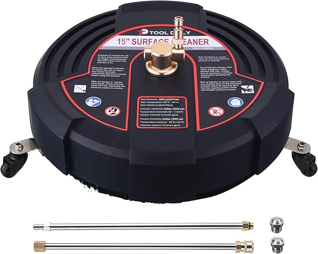 Tool Daily 15 Inch Pressure Washer Surface Cleaner Attachment with Wheels, with 2 Power Washer Extension Wands and 2 Replacement Nozzles, 3600 PSI