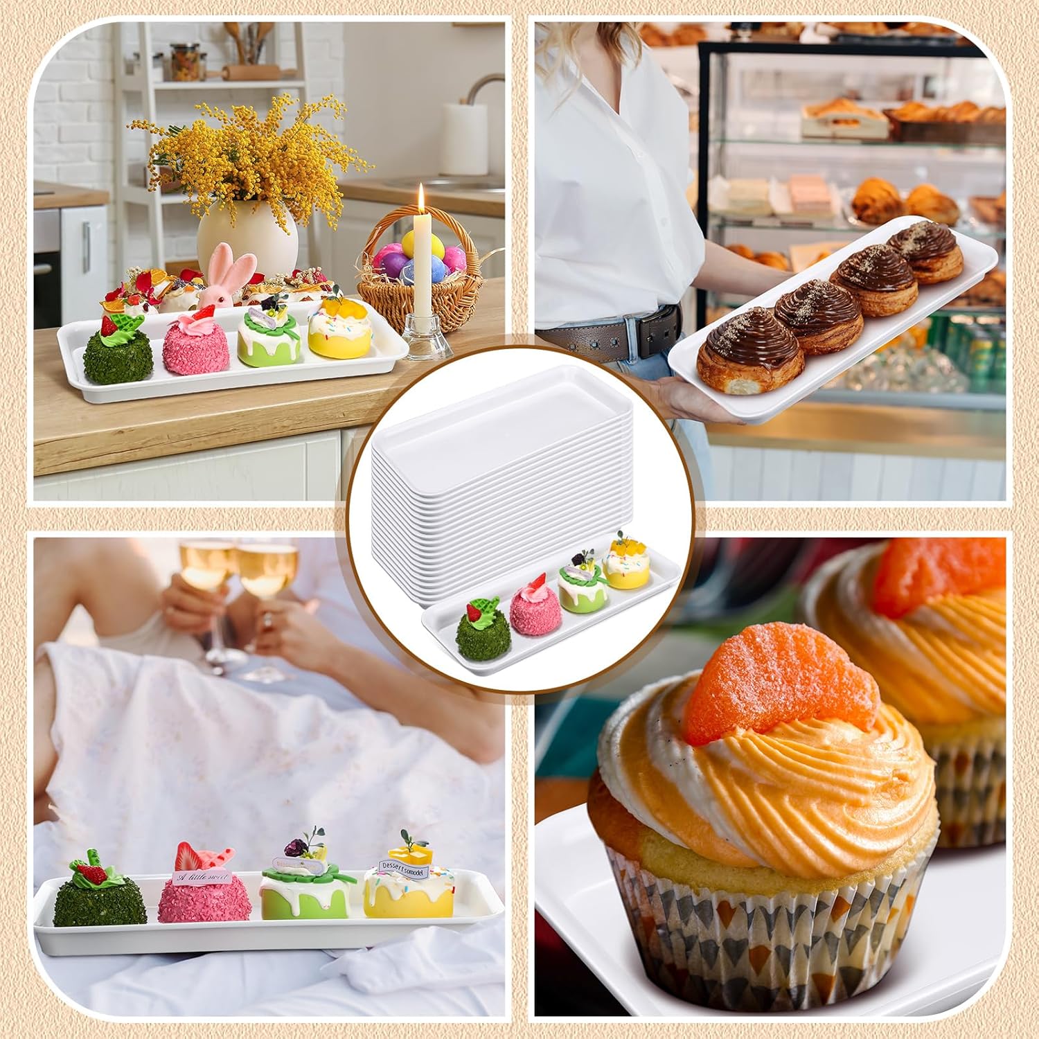 20 Pcs Serving Platters 14 x 6 Inch Rectangle Serving Trays Reusable Food Tray Dishes Dessert Trays Plastic Plates for Wedding Home Table Thanksgiving Christmas Party(White) - Image 6