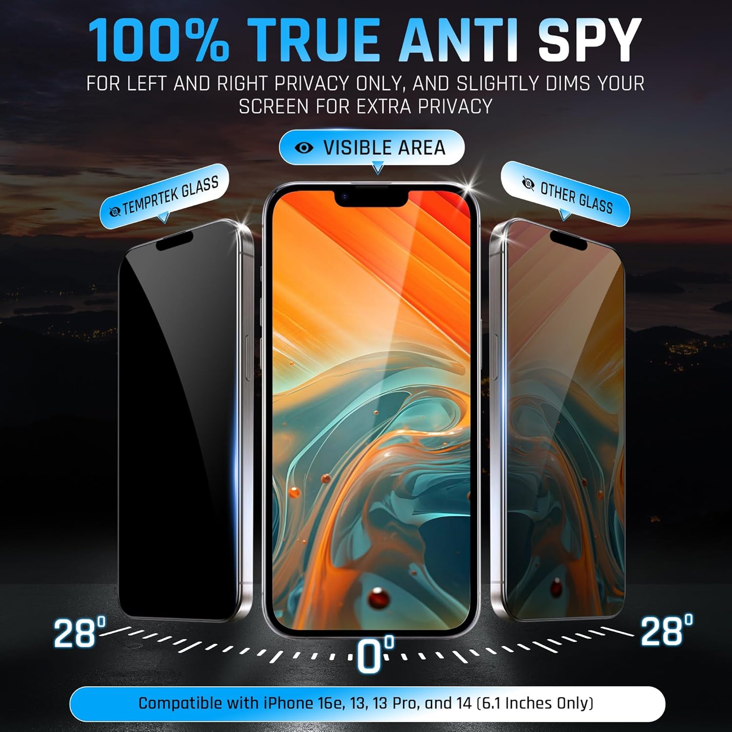 TEMPRTEK+ 2 Pack for iPhone 16e/13/13 Pro/14 Privacy Screen Protector Privacy 9H Military Grade Scratch Fingerprint Resistance Anti-Glare Shatterproof Tempered Glass Anti-Spy Easy Installation Bubble Free - Image 2