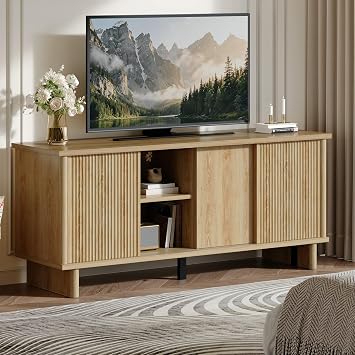 Bestier Mid Century Modern Tv Stand for 55/60/65 Inch TV, Solid Wood Legs Entertainment Center with Vertical Striped Sliding Door& Cable Management, Media Console Cabinet for Living RoomNatural Oak