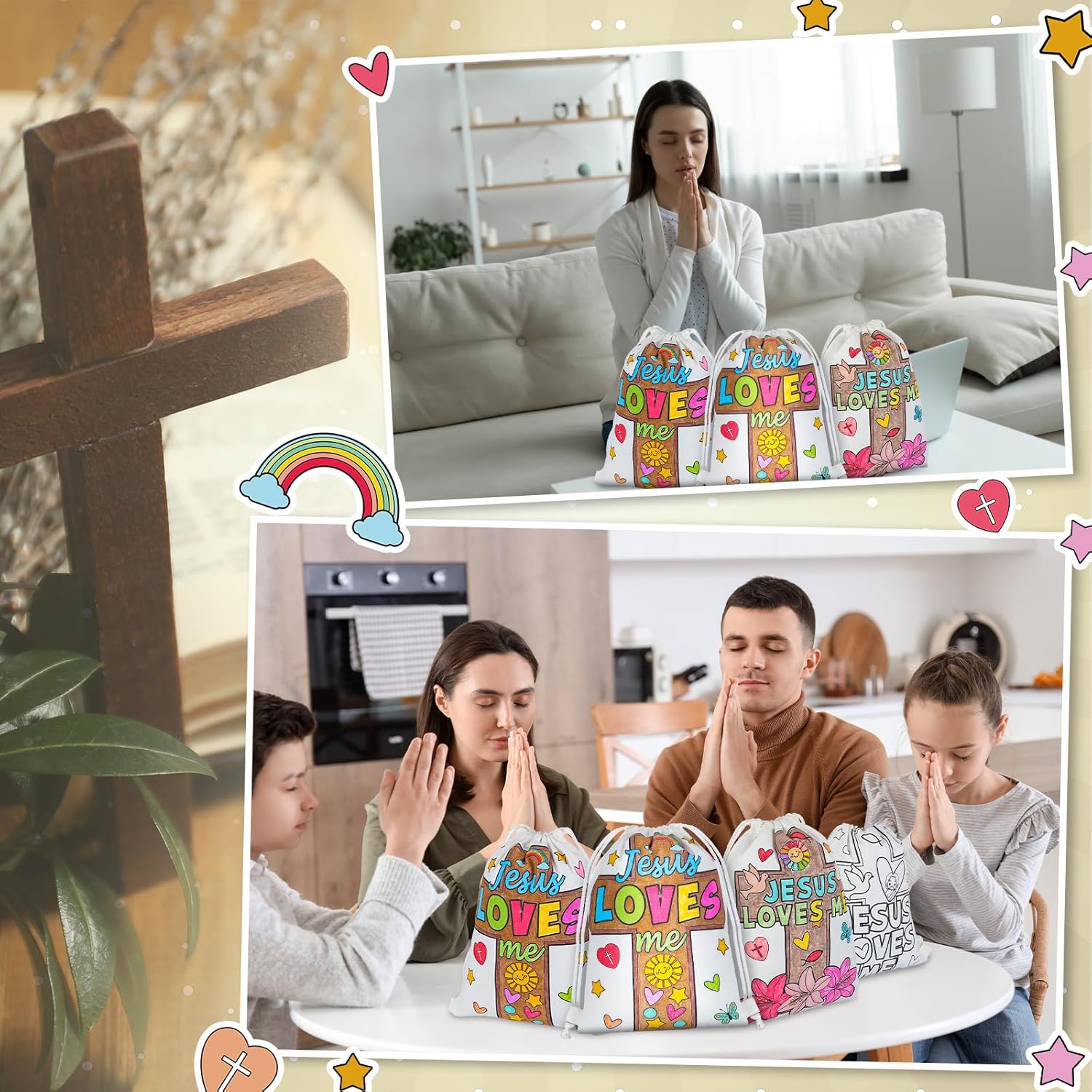 24 Pcs Spring Color Your Own Drawstring Backpack Crafts Christian Jesus Loves Me Canvas Backpack Religious Coloring Drawstring Bags Catholic Crafts for Christian Sunday School Classroom Party Favor