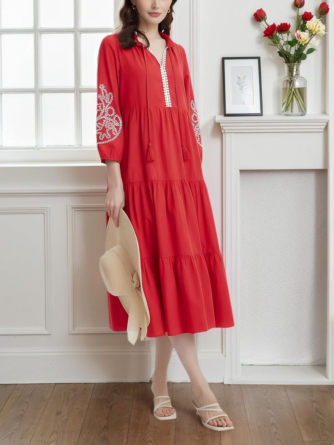 Ladyful Womens Summer Tiered Maxi Cotton Dress Tassel Embroidered 3/4 Sleeve V Neck Flowy Fall Vacation Beach Dress - Image 2