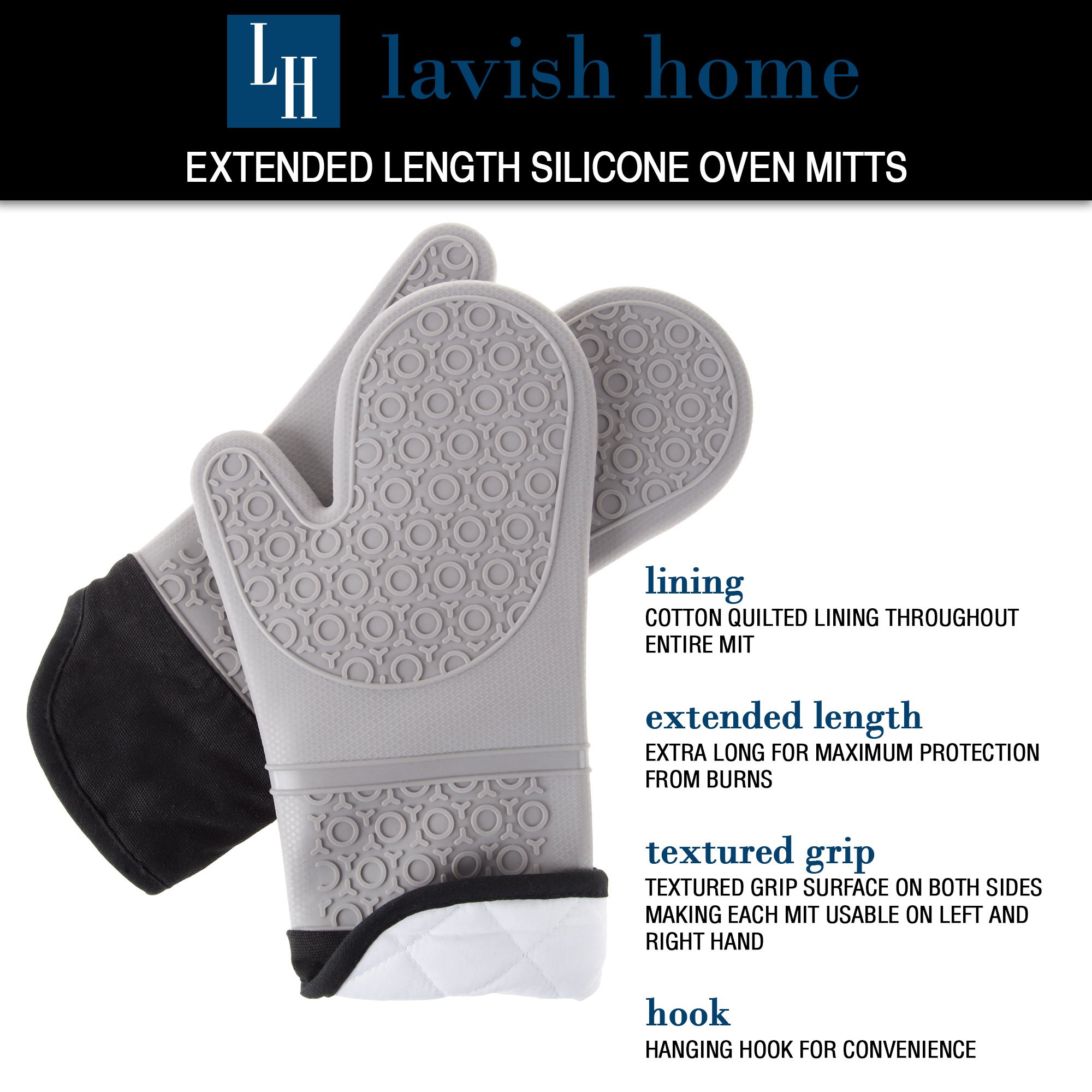 Silicone Oven Mitts - Extra Long Professional Quality Heat Resistant with Quilted Lining and 2-Sided Textured Grip - 1 Pair Gray by Lavish Home
