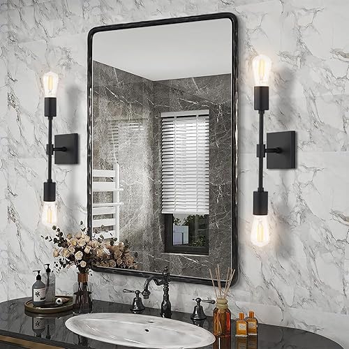 Miniatura 2 de ANDY STAR Espejo de baño negro forjado a mano para pared, 24 x 36 pulgadas, marco de metal sólido vintage, espejo de tocador de baño, espejo de