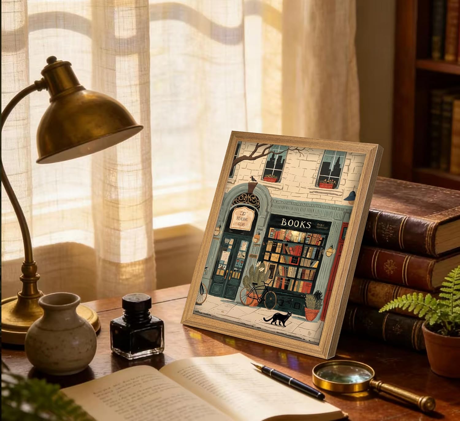Framed Vintage Book Wall Art Bookstore and Black Cat Painting Canvas Prints Cozy Bookshop Library Bookish Picture Wall Decor Bookworm Reading Nook Poster Artwork for Living Room Bedroom Office
