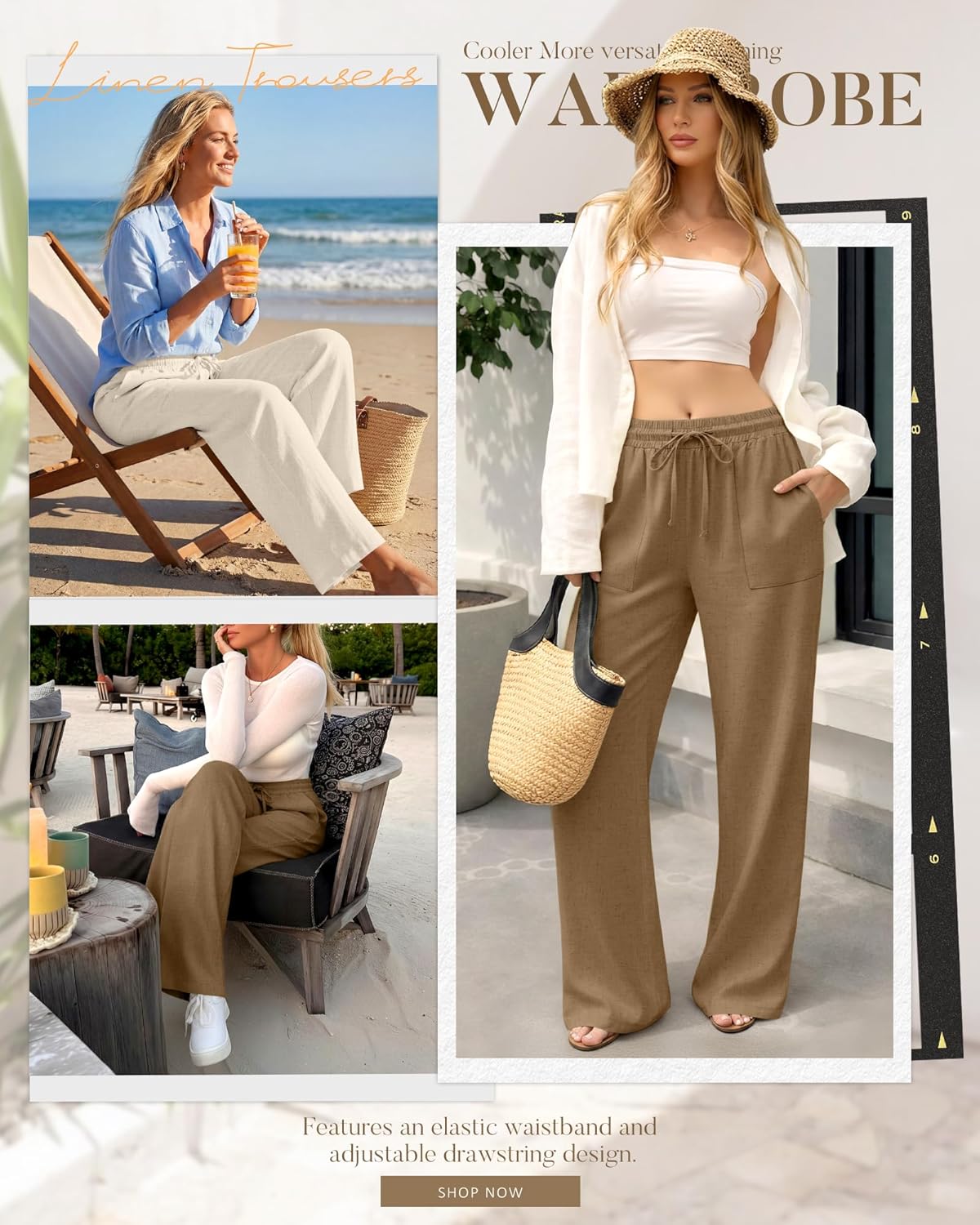 Neer 2 Pack Women's Linen Long Pants, Summer Drawstring Elastic Waist Flowy Straight Pant Casual Loose Beach Pant with Pocket - Image 5