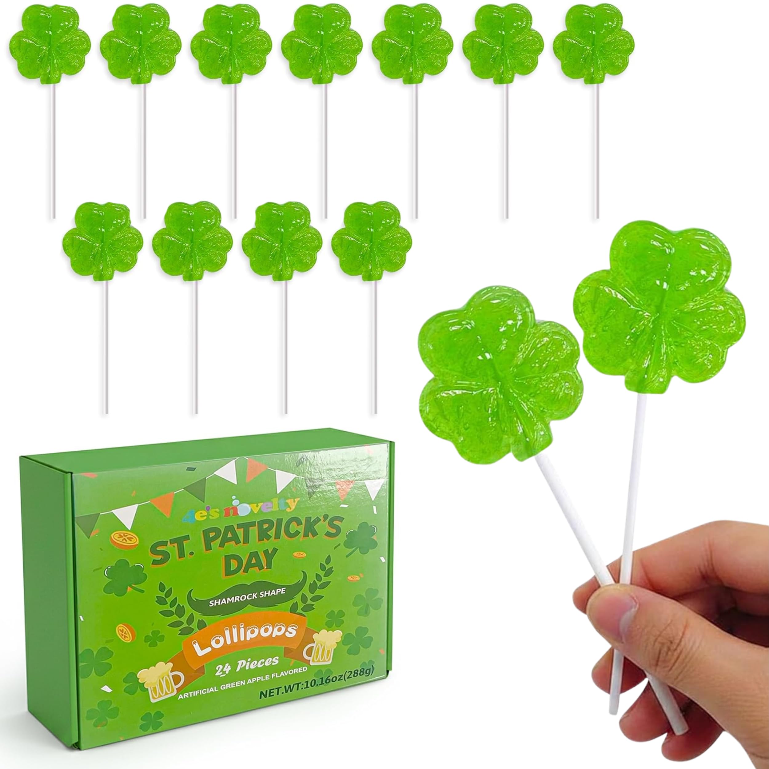 4E's Novelty 24 Pack St. Patrick's Day Shamrock Lollipops, Green Apple Flavor Individually Wrapped Shamrock Shape Candies, St Patricks Suckers Party Favors Goodie Bag Fillers, Fun St Patty's Day Office Classroom Candy