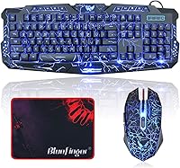 Vista 1 de BlueFinger Teclado y mouse para juegos, mouse y teclado retroiluminado con cable USB, letras brillantes, retroiluminadas de 3 colores, juego
