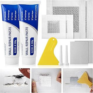 SEISSO Crème Réparation Murale, Enduit de Rebouchage Pâte de Murs, 4 patchs Dautocollants Muraux, Répare Efficacement les Rayures, Trous, Fissures, Graffitis Sur les Murs(250g*2)