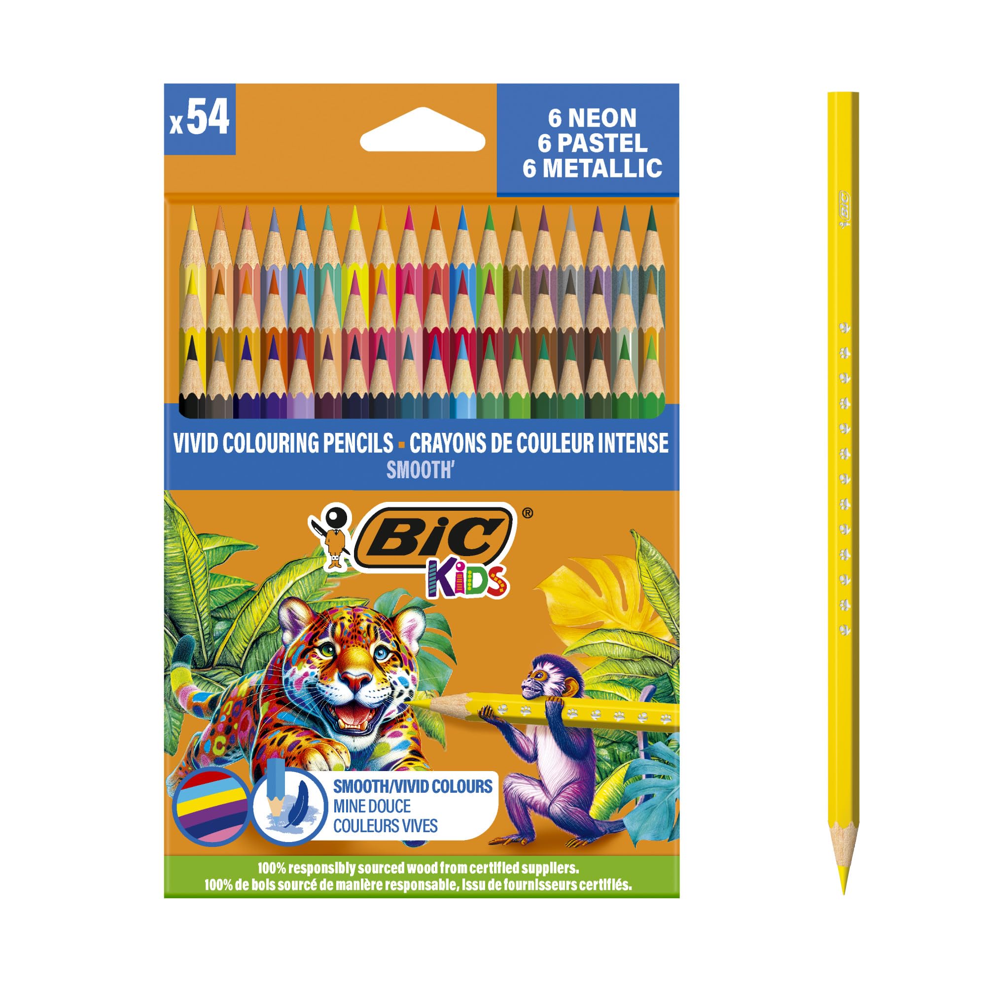 BIC Kids Smooth' Colouring Pencils Made from 100% Responsibly Sourced Wood- Assorted Standard, Metallic, Pastel and Neon Colours, Pack of 54