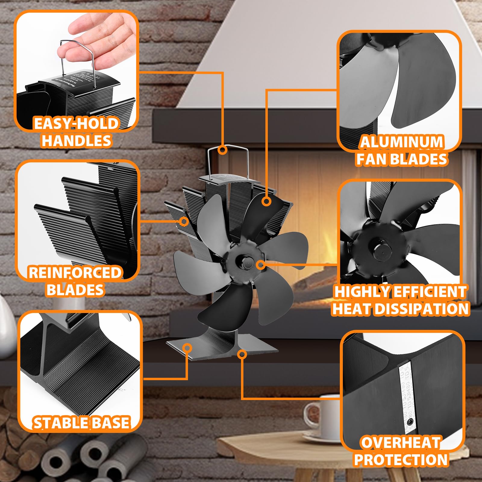 KAEFUYS Ventilatore per Stufa a Legna, Ventola da Caminod con 6 Pale, Ventola Stufa Silenzioso Distribuzione Efficiente del Calore, Ventilatore per Camino per Bruciatore di Tronchi Stufa