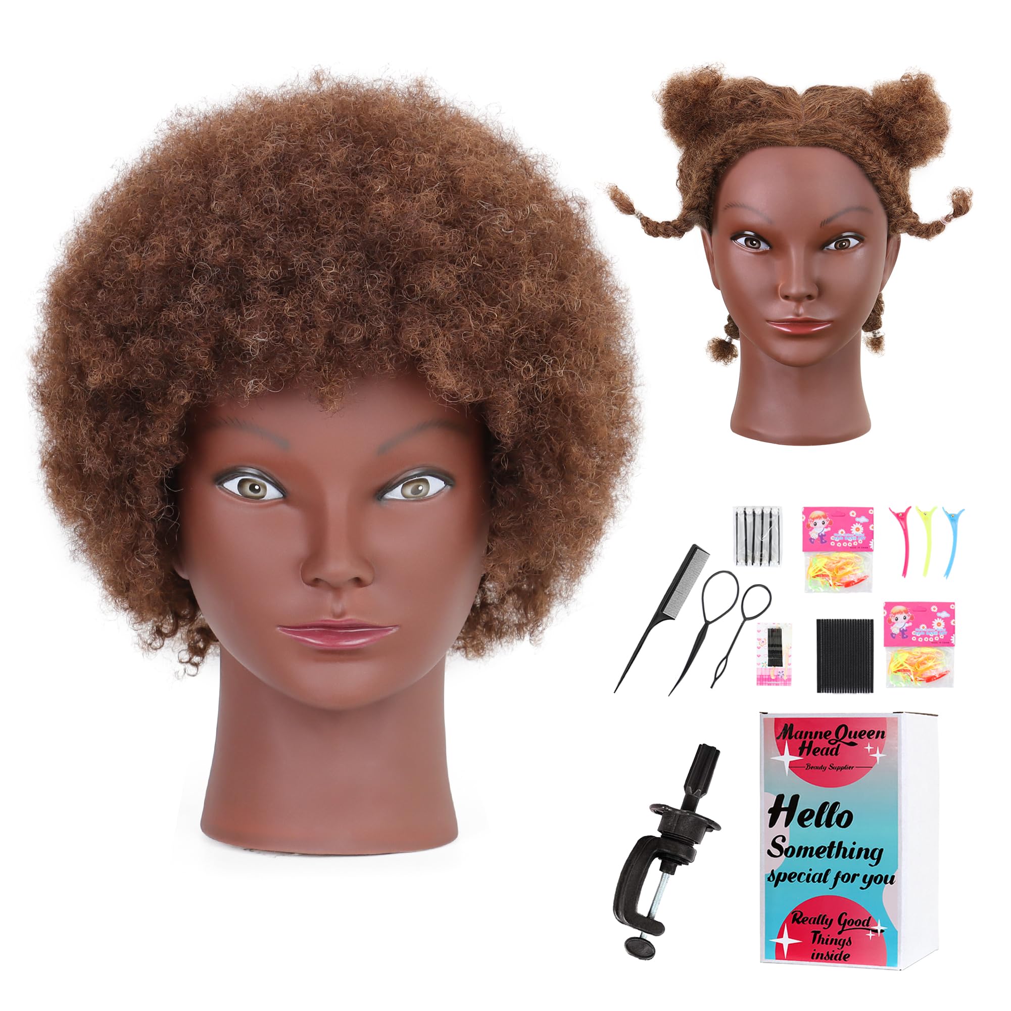 Afro-Puppenkopf mit gelocktem Kopf, 100 % Echthaar, 25,4 cm, für Friseure, Flechten, Üben, Haarstyling, mit Klemmhalter, Braun
