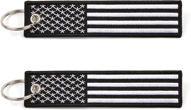 Great 1 American Flag Keychain Tag with Key Ring & Carabiner 2-Pack Black White
