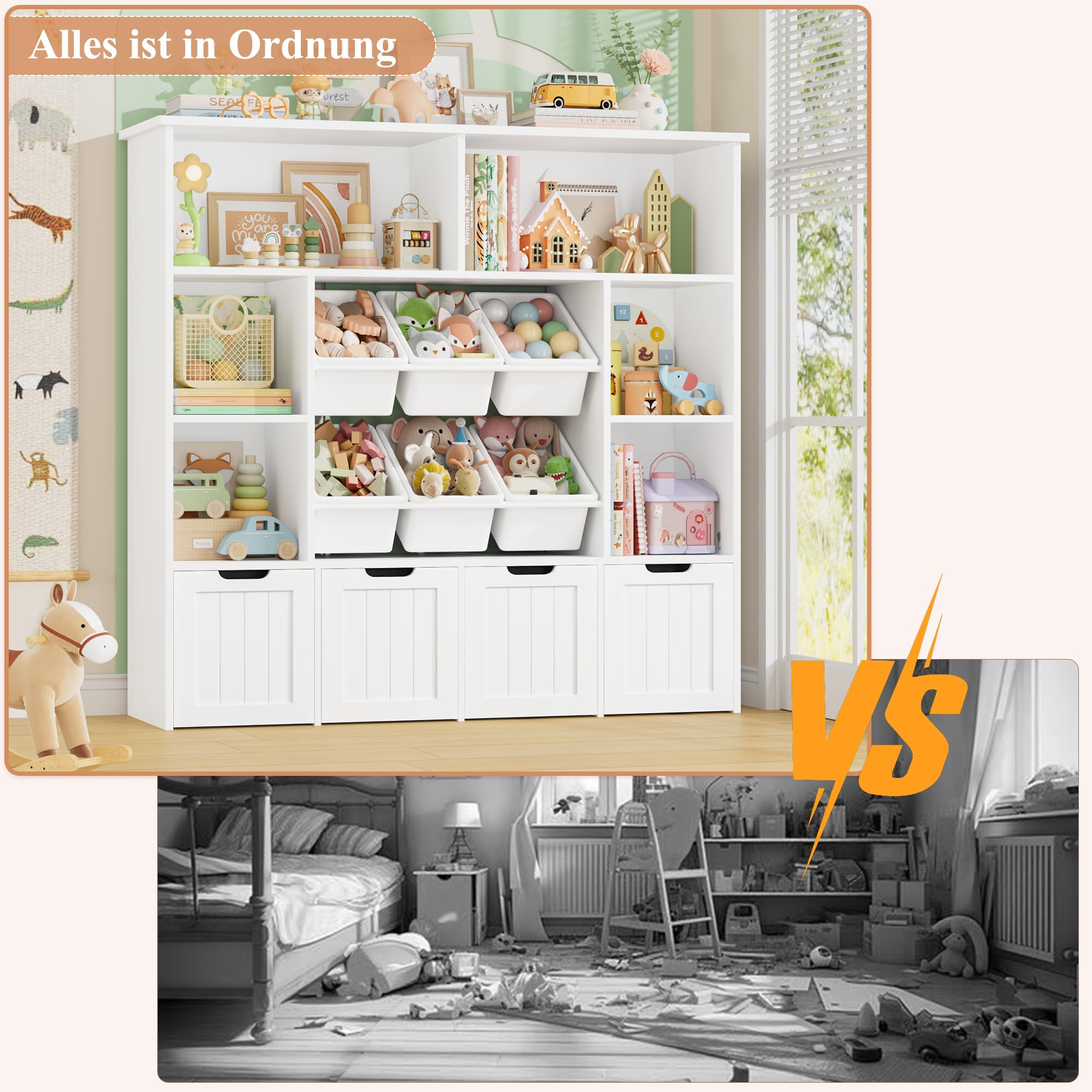 FOREHILL Kinderregal mit 4 Boxen auf Rollen, Kinderzimmer Möbel Kinderbücherregal Spielzeugregl Aufbewahrungregal Bücherregal für Kinder Kinderschrank mit 4 Ebenen & 6 Kunststoffbox Weiß 125x33x121cm