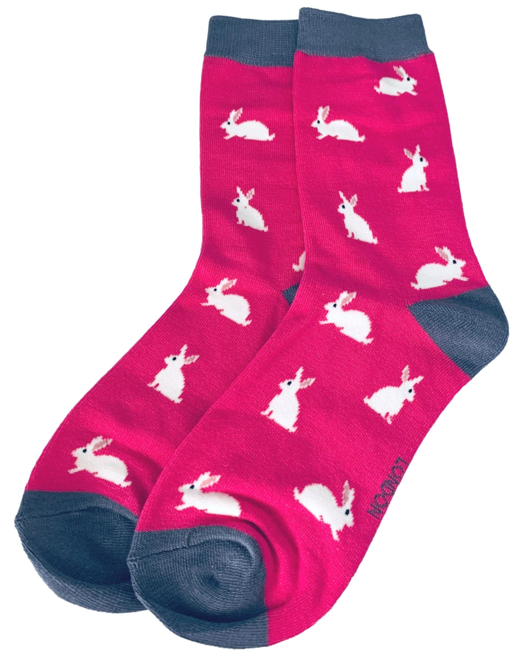 Purple Possum® Rabbit Socks Ladies Bunny Rabbits Bamboo Cotton Blend Cute Socks Shoe Size 4 to 7 (Hot Pink/Grey)