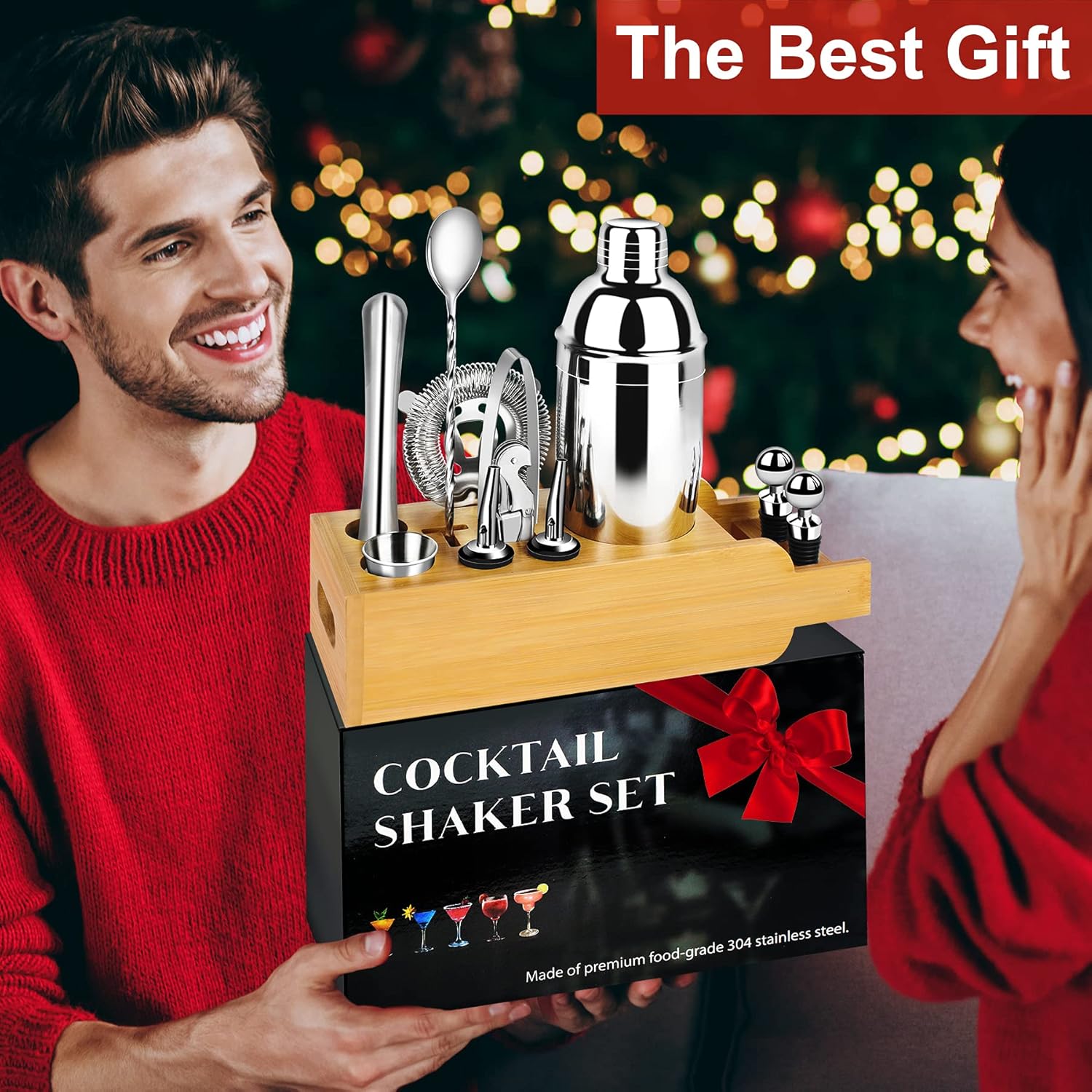 Super Deal Product Cocktail Shaker Set Bartender Kit - 12-Piece Martini Shaker Set with Bamboo Stand, Premium Stainless Steel Cocktail Shaker Set for Drink Mixing, Bar Tool Set for Parties