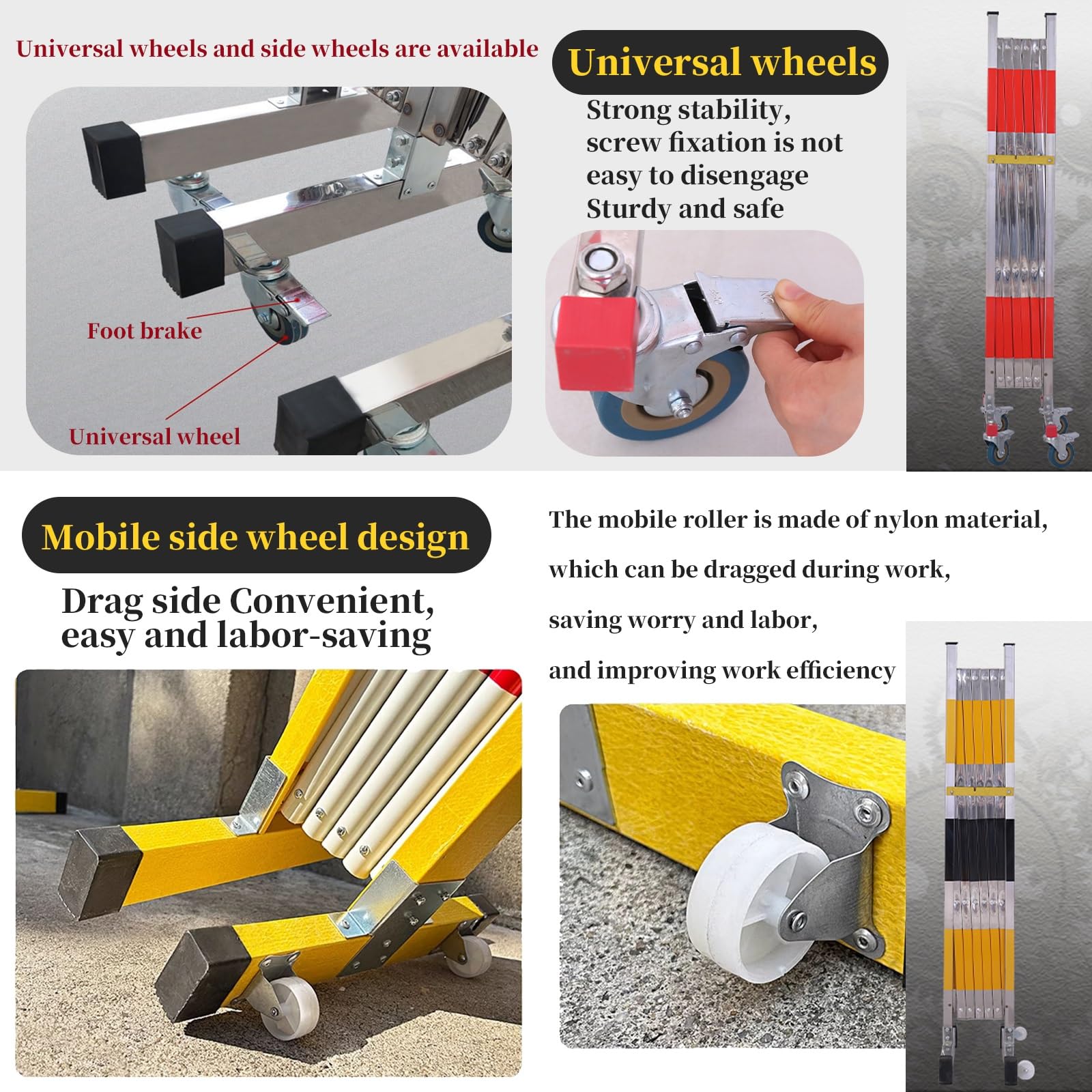 Valla retráctil de acero inoxidable extensible con ruedas universales para seguridad industrial y control de acceso, flexible