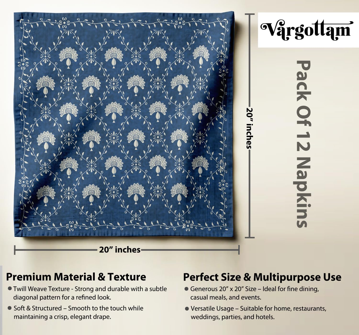 Luxury Cotton Twill Napkins - Set of 12, 20-Inch Floral Pattern, Premium Thick Cloth Napkins for Elegant Dining & Special Occasions - Soft, Absorbent & Machine Washable