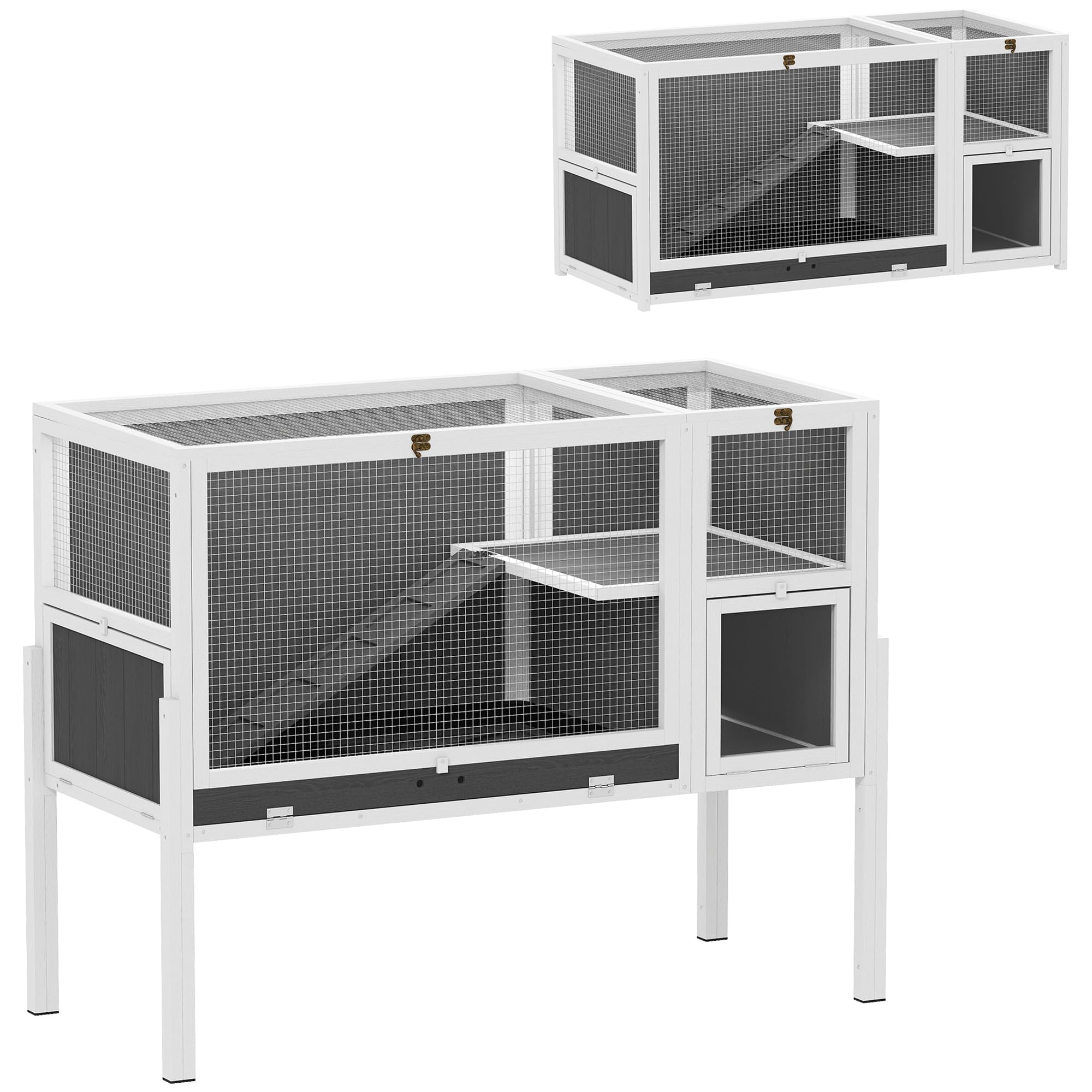 PawHut Conejera Convertible Conejera de Madera con rampa 120 x 53 x 93 cm Jaula para Conejos con entradas, habitación de Descanso, para cobayas, jerbos Gris