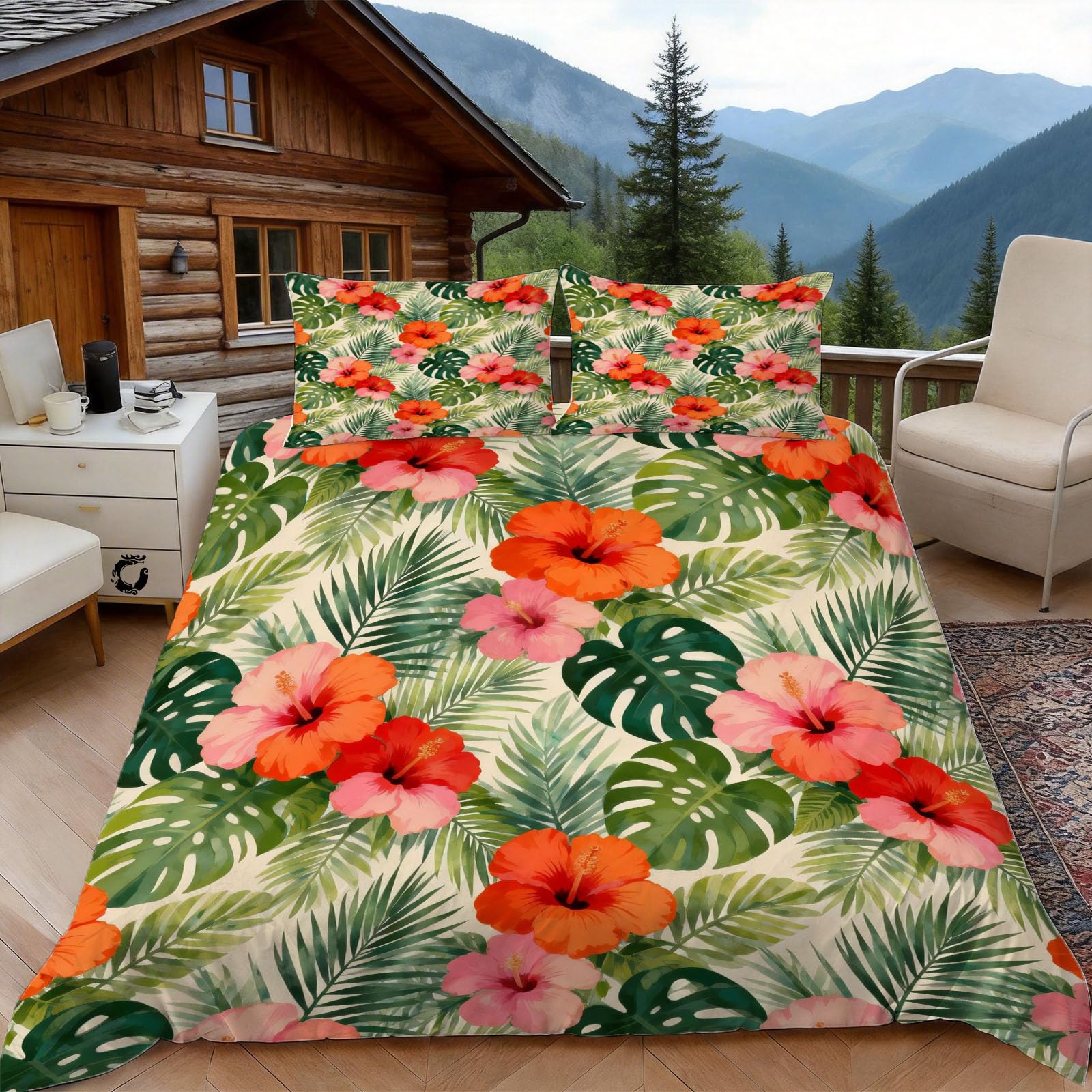 Housse de Couette 240 x 260 Fleur Tropicale Anti-Glisse avec Zip Pratique