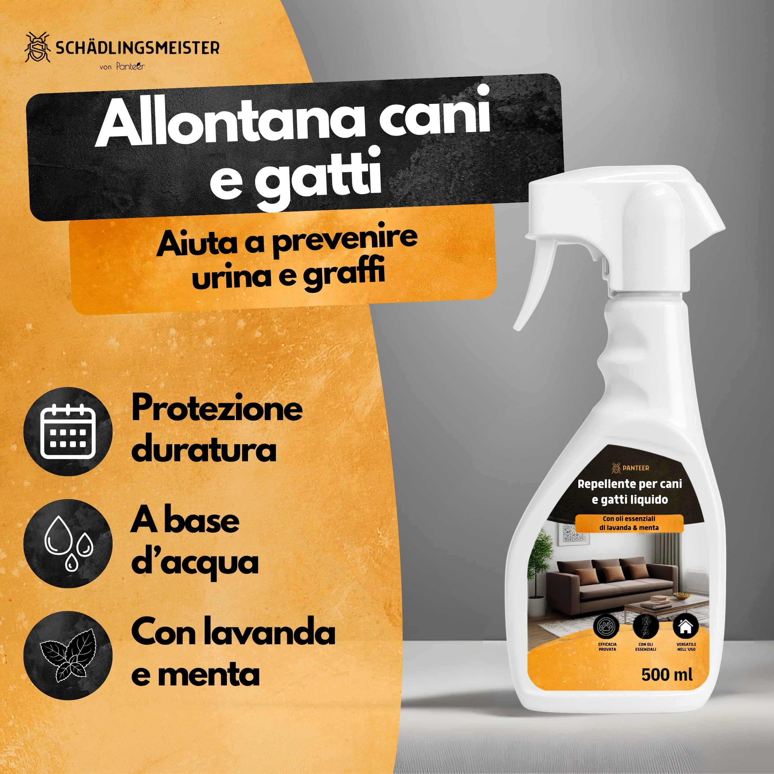 Panteer Spray Barriera Protezione Superfici – 500 ml – Protezione Contro urina e Graffi – per divani, mobili e tappeti – Uso Interno ed Esterno