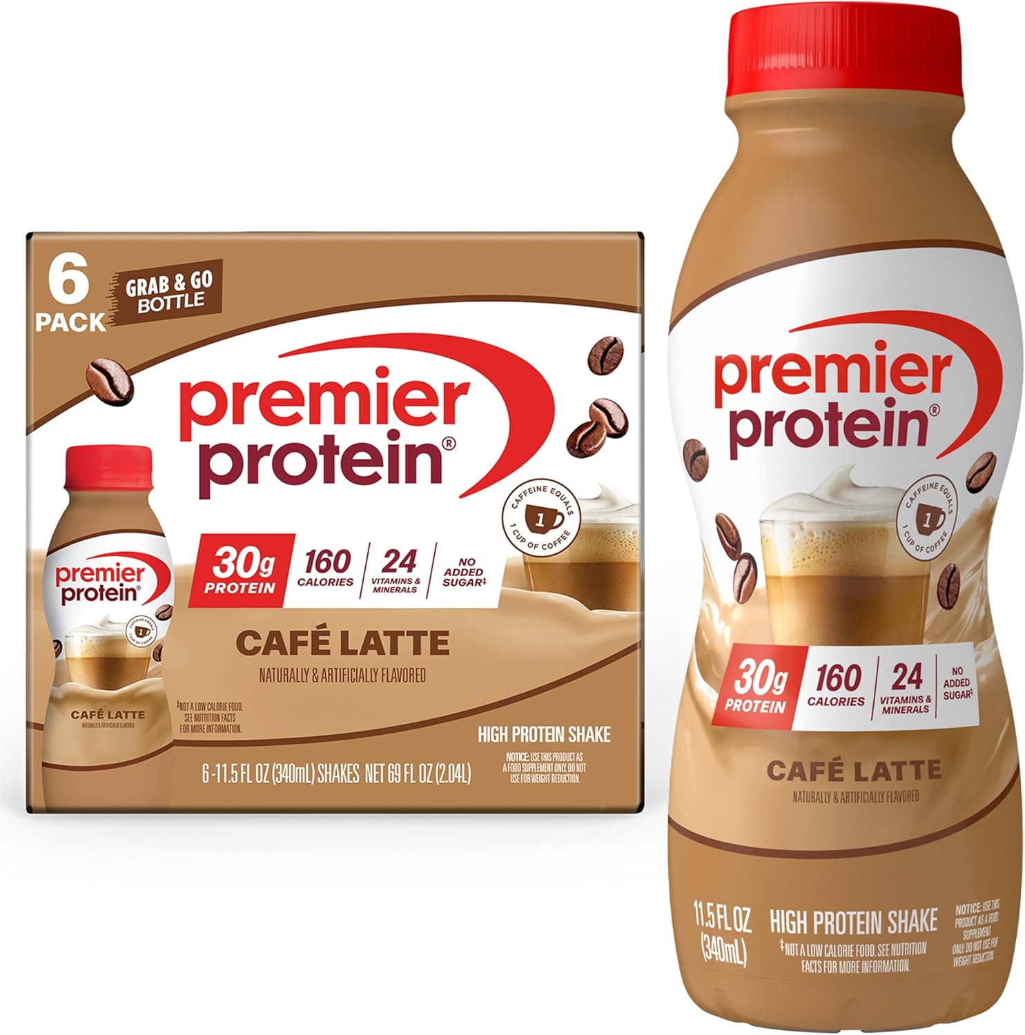 Premier Protein Shake, Café Latte, 30g Protein, No Added Sugar, 24 Vitamins & Minerals to Support Immune Health, 11.5 fl oz, 6 Pack (Packaging May Vary) Cafe Latte 11.5 Fl Oz (Pack of 6)