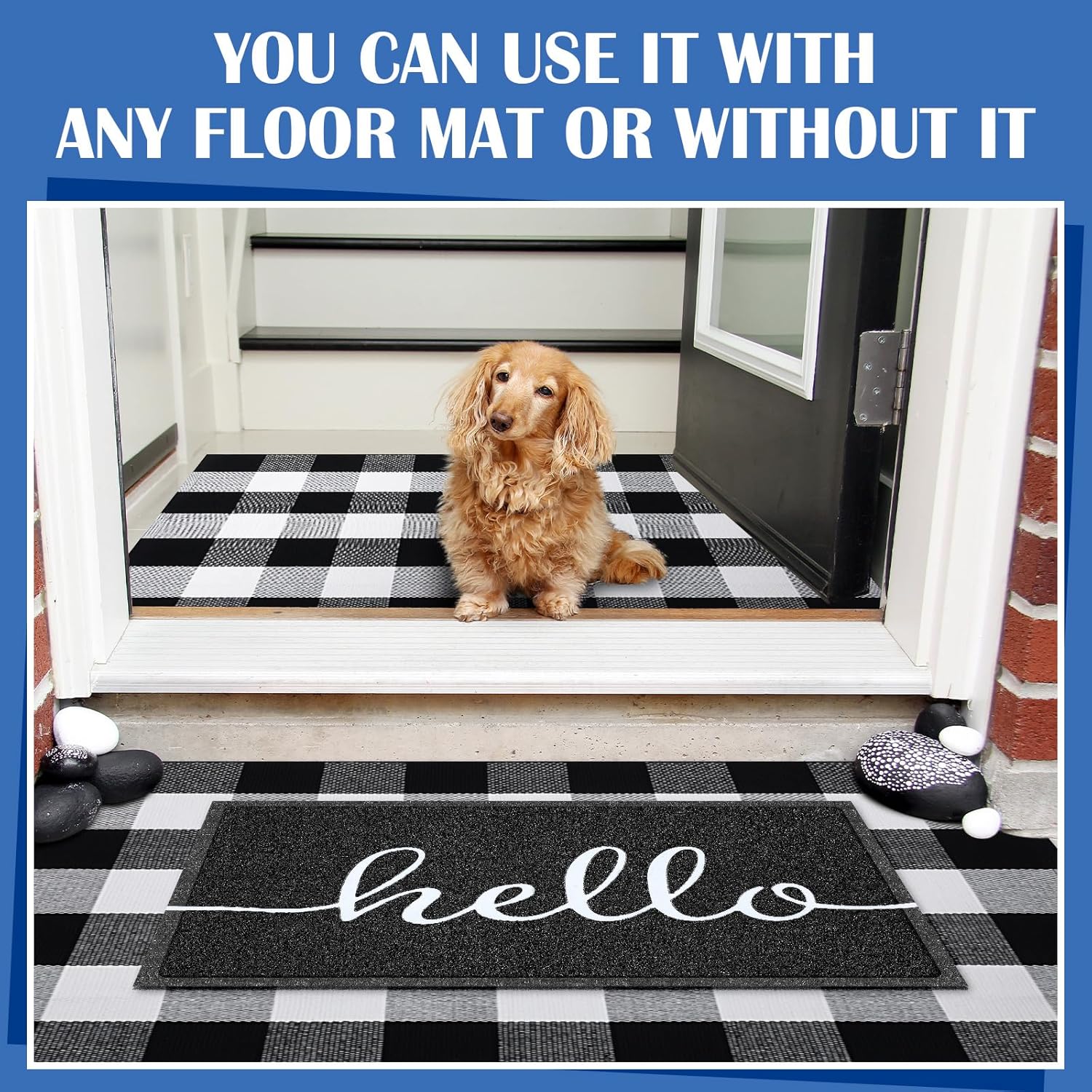 Geelin 2 Pcs 30'' x 18'' Doormat 43'' x 27.5'' Buffalo Plaid Outdoor Rug Layered Front Door Mat Outside Entrance Welcome Door Mats for Indoor Outdoor(Hello)