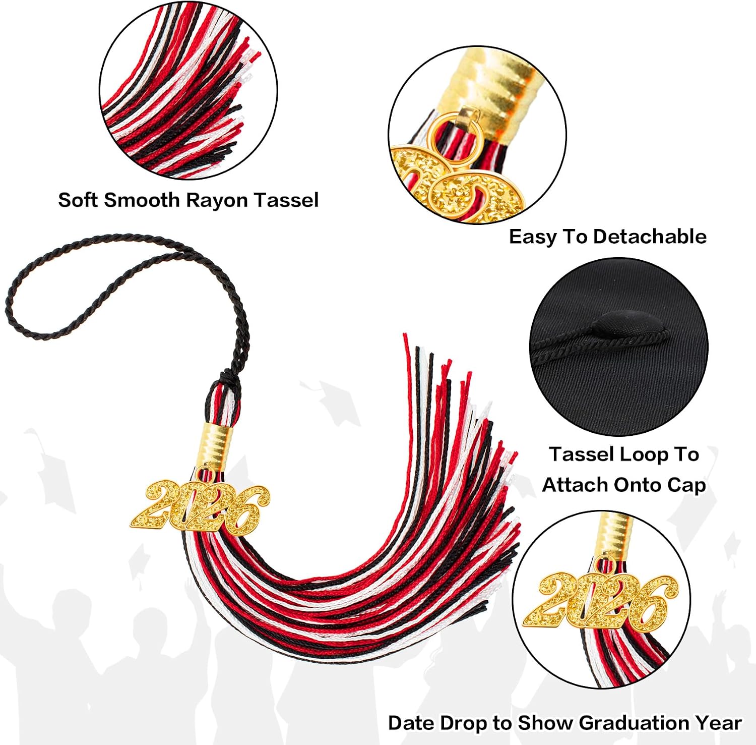 2026 Graduation Tassel, 2026 Tassel Graduation, 2026 Tassels for Graduations Cap with 2026 Year Gold Charms for Graduate Cap, Red Black White Grad Tassels for Class of 2026 Grad Ceremonies Accessories