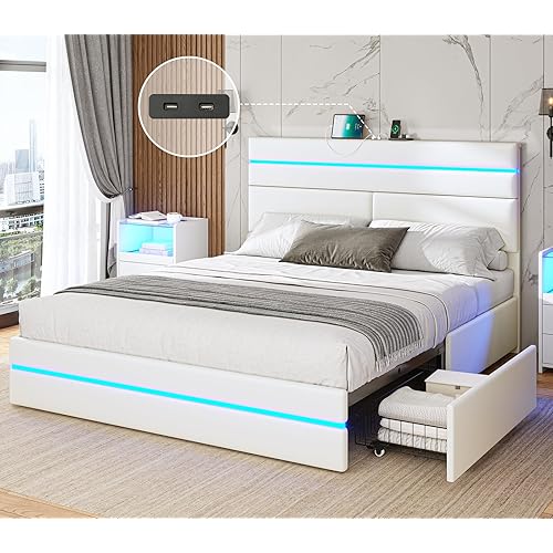AOGLLATI Queen Bed Frame with Storage Drawers and Headboard, Bed Frame Queen Size with Charging Station, Upholstered Modern LED Bed Frame Queen with Double Led Lights,No Box Spring Needed, White