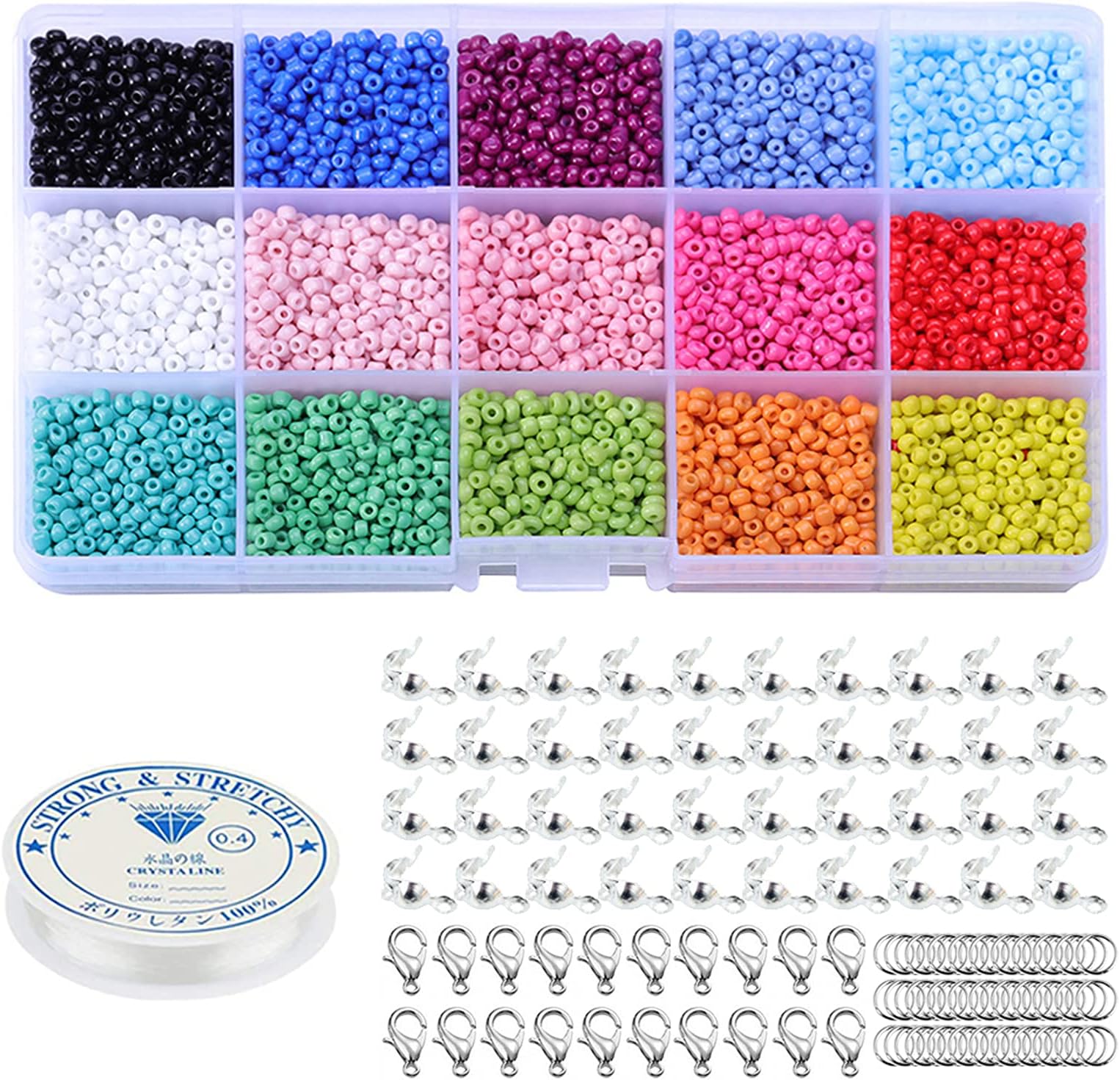 7500 Pcs Glass Seed Beads 3mm Multicolor Assortment Small Pony Beads with Lobster Clasps, Open Jump Rings, Beading Cord and Organizer Box for Jewelry Making DIY Bracelets Necklaces Key Chains