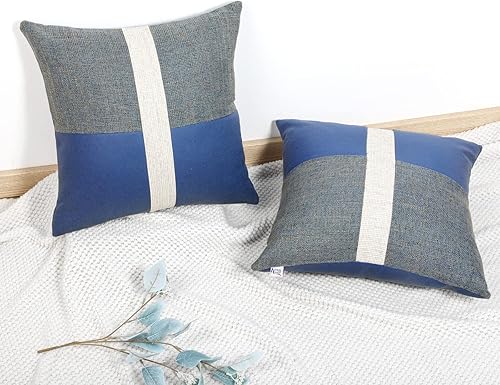 Miniatura 7 de Howdy Textile Paquete de 2 fundas de almohada de retazos de cuero con rayas de lino fundas de almohada cuadradas decorativas fundas de almohada