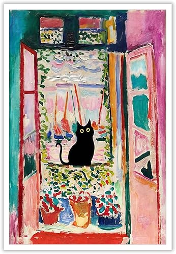 Divertido póster vintage con diseño de gato negro en la ventana, arte de pared con diseño de gato con ventana abierta, arte abstracto y estético de
