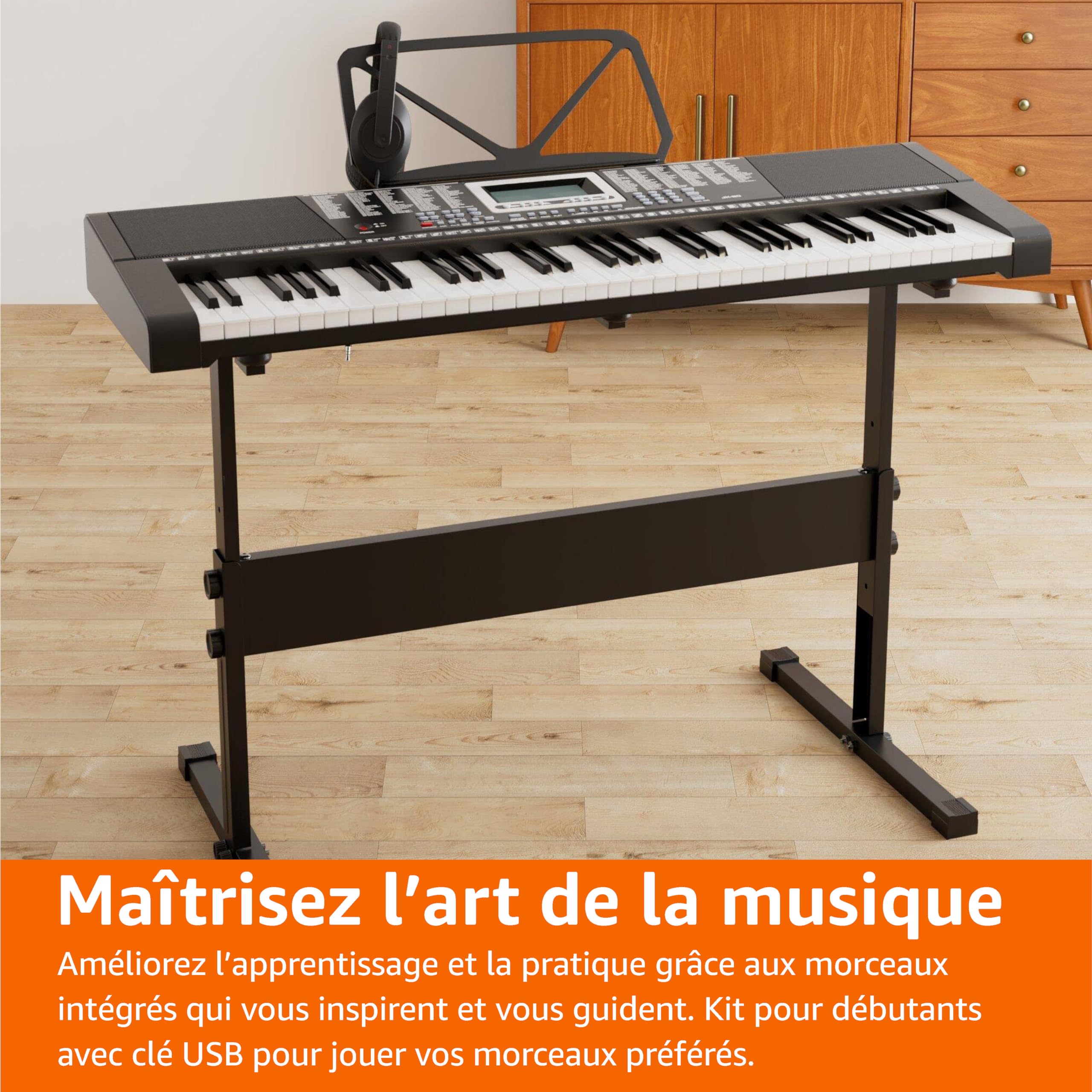 Amazon Basics Clavier de piano numérique portable 61 touches Haut-parleurs et chansons intégrés Prise européenne, 93 x 30.4 x 9.32 cm (L x l x H), Noir