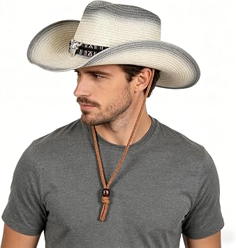 Straw Cowboy Sun Hat for Men Women Summer Fedora Beach Panama Western Cap | UPF 50+ Shapeable Brim Cap Cowgirl UV Protection Hat with Bull Belt and Windproof Rope