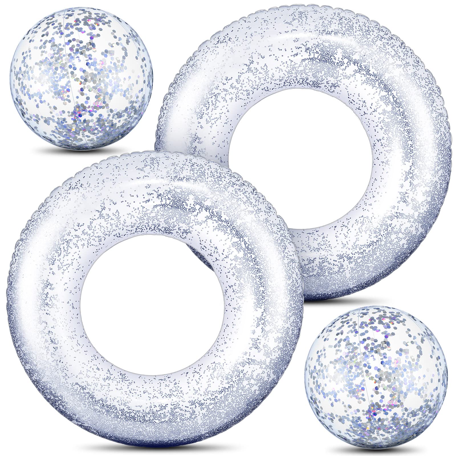 Hungdao 4 Pcs Glitter Inflatable Pool Float Tube Confetti Swim Ring and Glitter Beach Ball Confetti Inflatable Beach Ball for Adult Teens Summer Pool Favor(Silver)