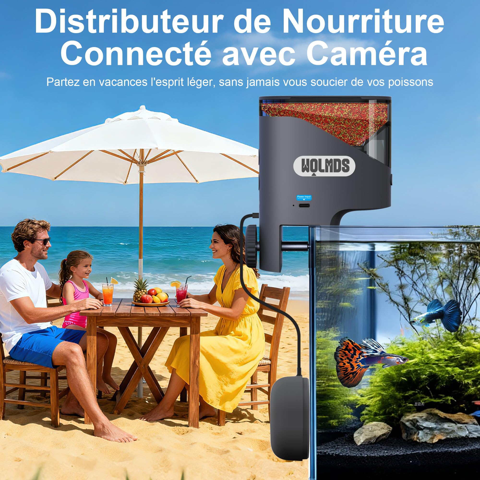 Distributeur Nourriture Poisson Automatique WiFi Caméra 2.5K HD, Mangeoire Connectée App 2.4G/5G, Précis 0.2g/0.6g pour Aquarium