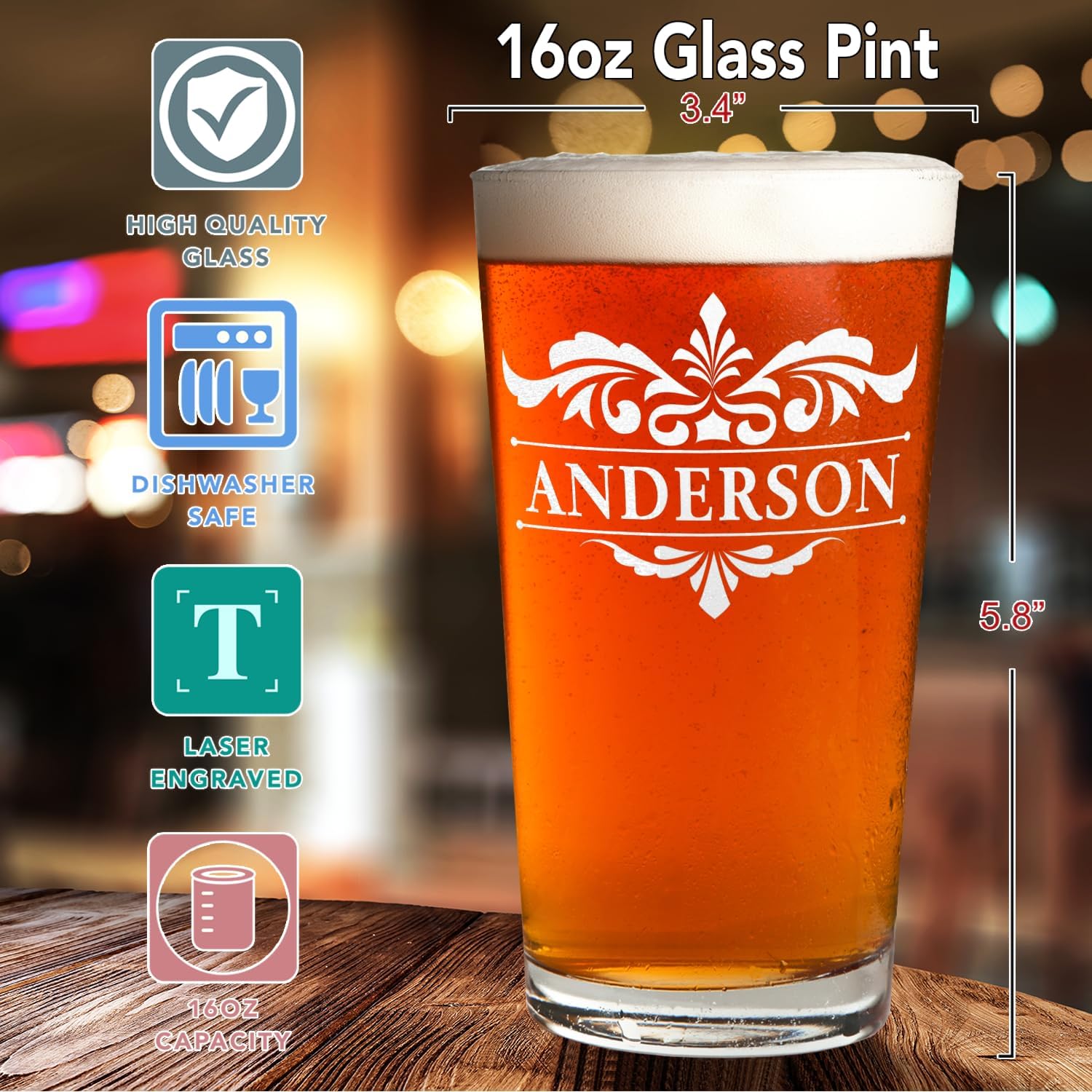 Custom Beer Glasses Set of 12 Initial and Name Laser Engraved 16oz Pint Glasses for Men & Women, Custom Drinking Gift for Birthdays, Weddings, Father’s Day & More