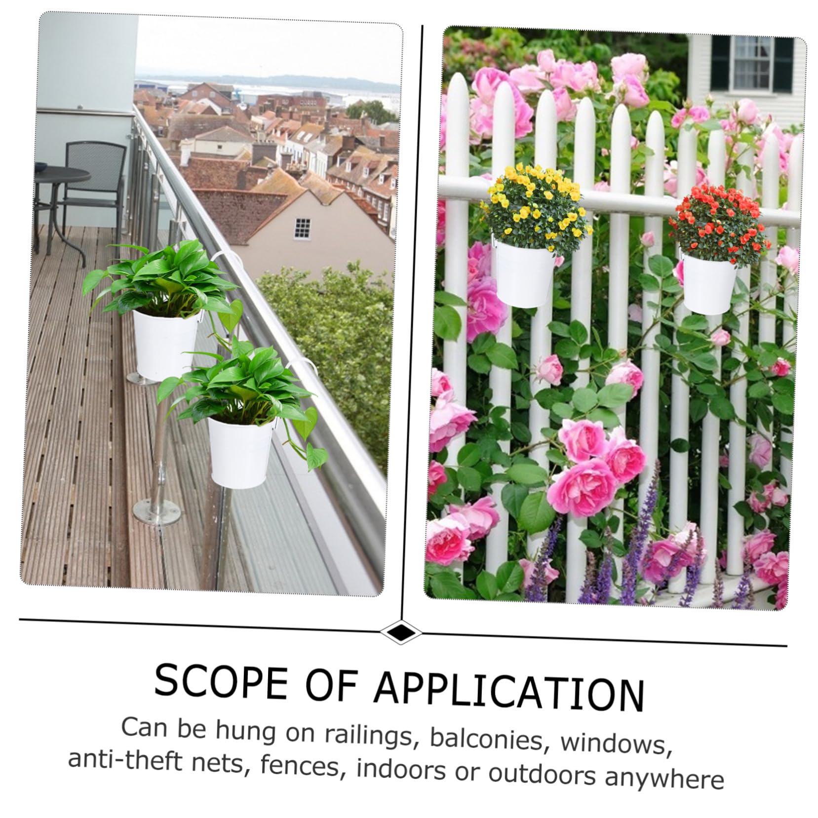 VICASKY Vasi da Fiori Sospesi 8 Pezzi Gancio Staccabile e Foro di Drenaggio in Ferro Bianco per Balcone Giardino e Recinzione