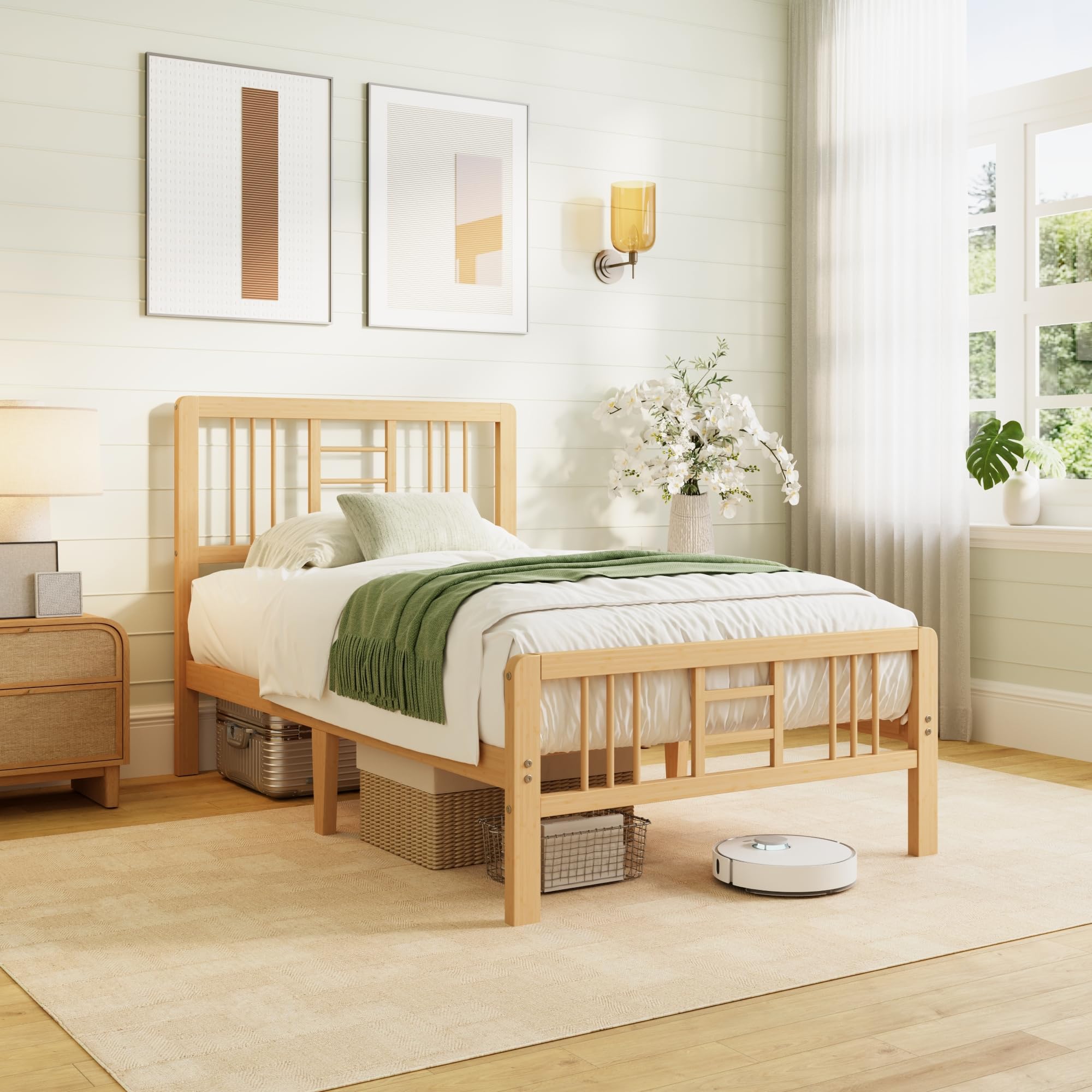 Hunlostten Wooden Single Bed Frame with Headboard - Bamboo Wood Bed Frames with Metal Slats Support and Underbed Storage, Easy to Install, Noise Free, Sturdy, 30.5 cm High