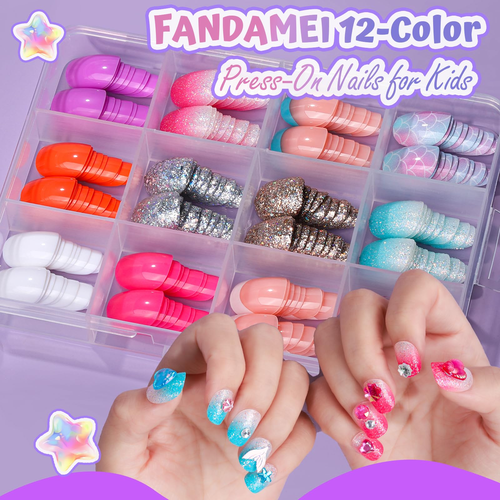 Uñas a presión para niñas, 12 estilos de uñas a presión para niños, 6 hojas de calcomanías de uñas con forma de corazón y frutas para niños, calcomanías de diamantes de imitación 3D, gemas de 2