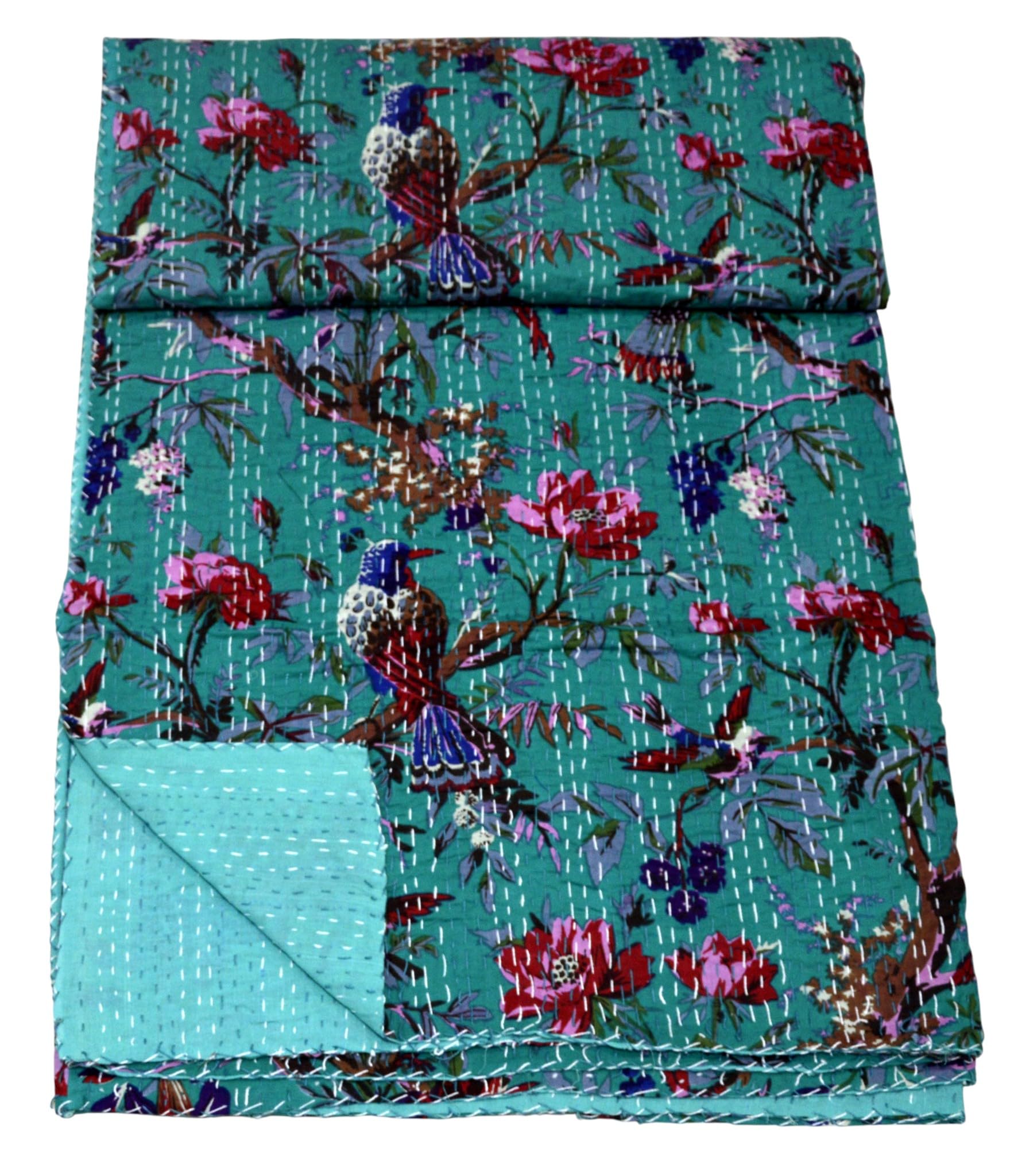 copriletto indiano 100% cotone Kantha, set di copriletti fatti a mano, reversibile, set di copriletti di lusso vintage con motivi floreali e uccelli