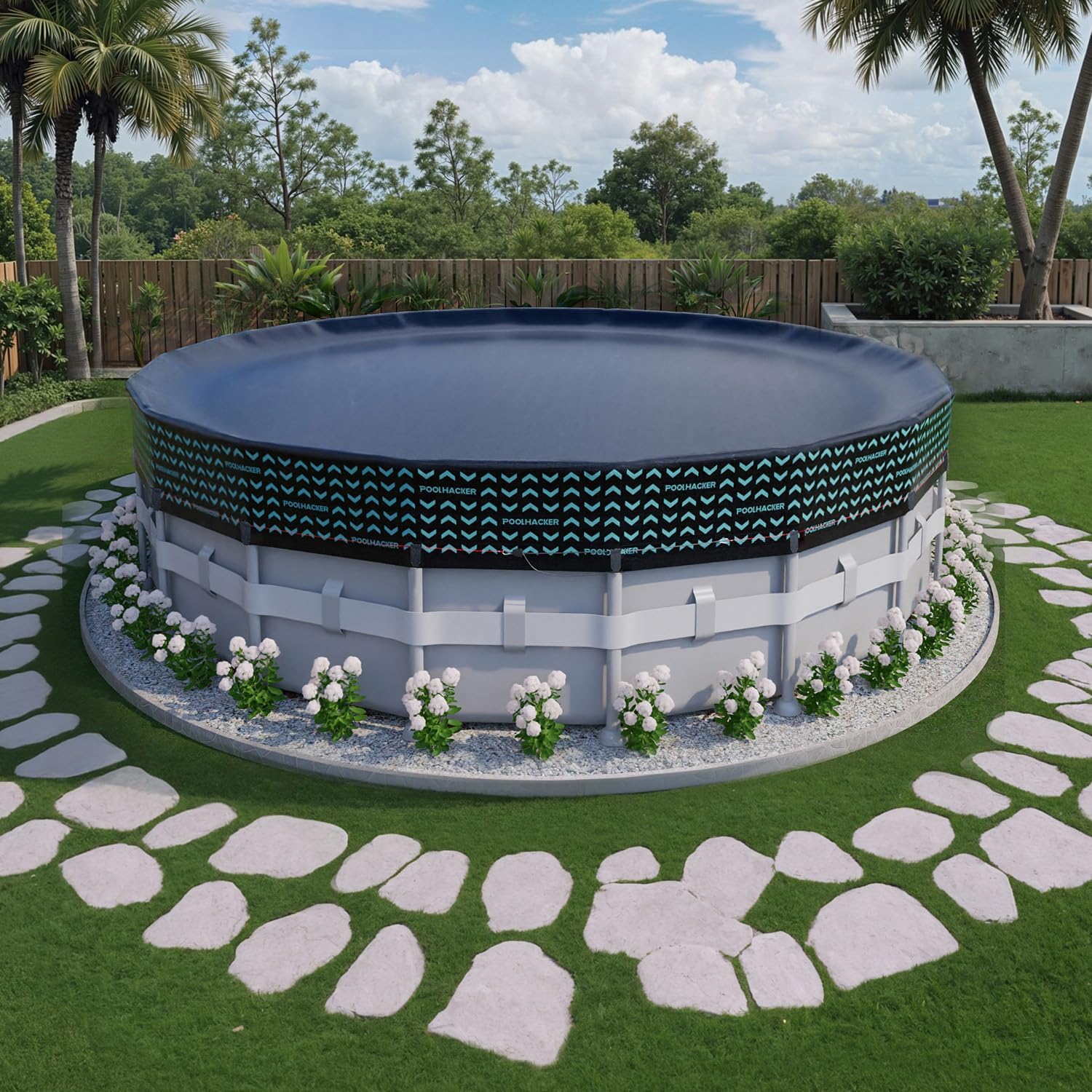 POOLHACKER 12 FT Round Above Ground Pool Cover, Windproof Winter Pool Cover with Steel Cable & Adjustable Pulley Lock System, Reinforced Oxford Fabric, Extended Side Drop