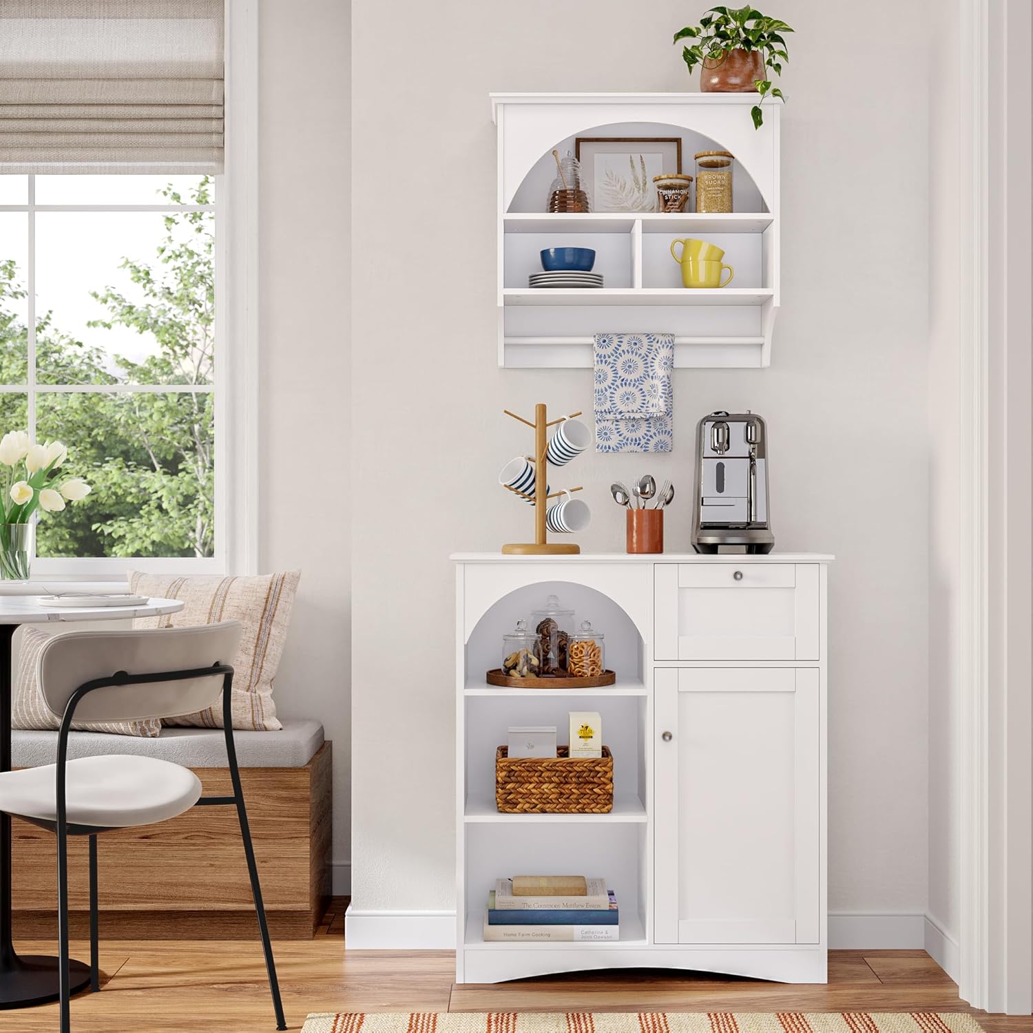 RiverRidge Kitchen Wall Cabinet with Arched Design & Towel Bar - Wall Mounted Storage Cabinet with Display Shelf & Dual Cubbies Kitchen Organization Solution