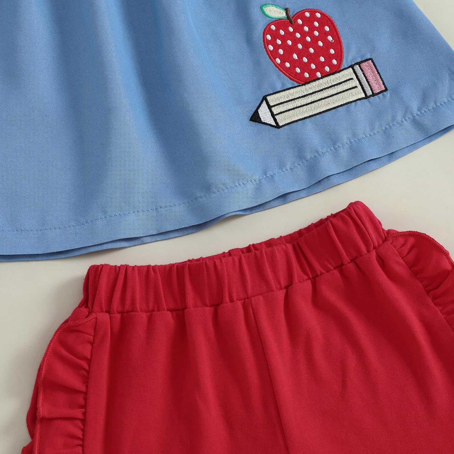 Pudcoco Kids Toddler Girls Back to School Outfit First Day of School Apple Pencil Embroidery Top + Ruffle Shorts Clothes Set - Image 5